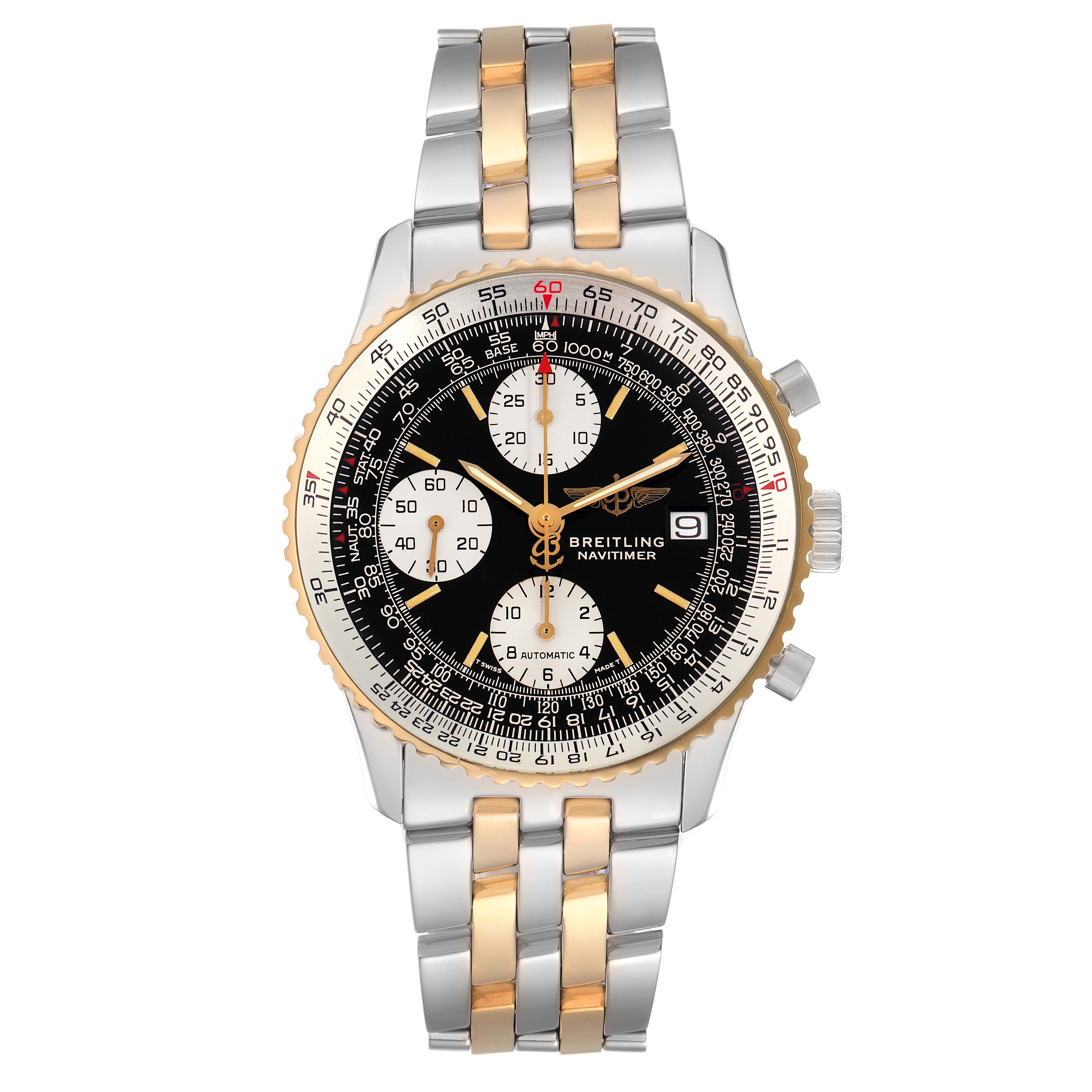 The Breitling Navitimer D13022 Men
s Steel and Gold (two tone) Black Dial watch is shown from the front, displaying the dial, bezel, crown, pushers, and part of the metal bracelet.