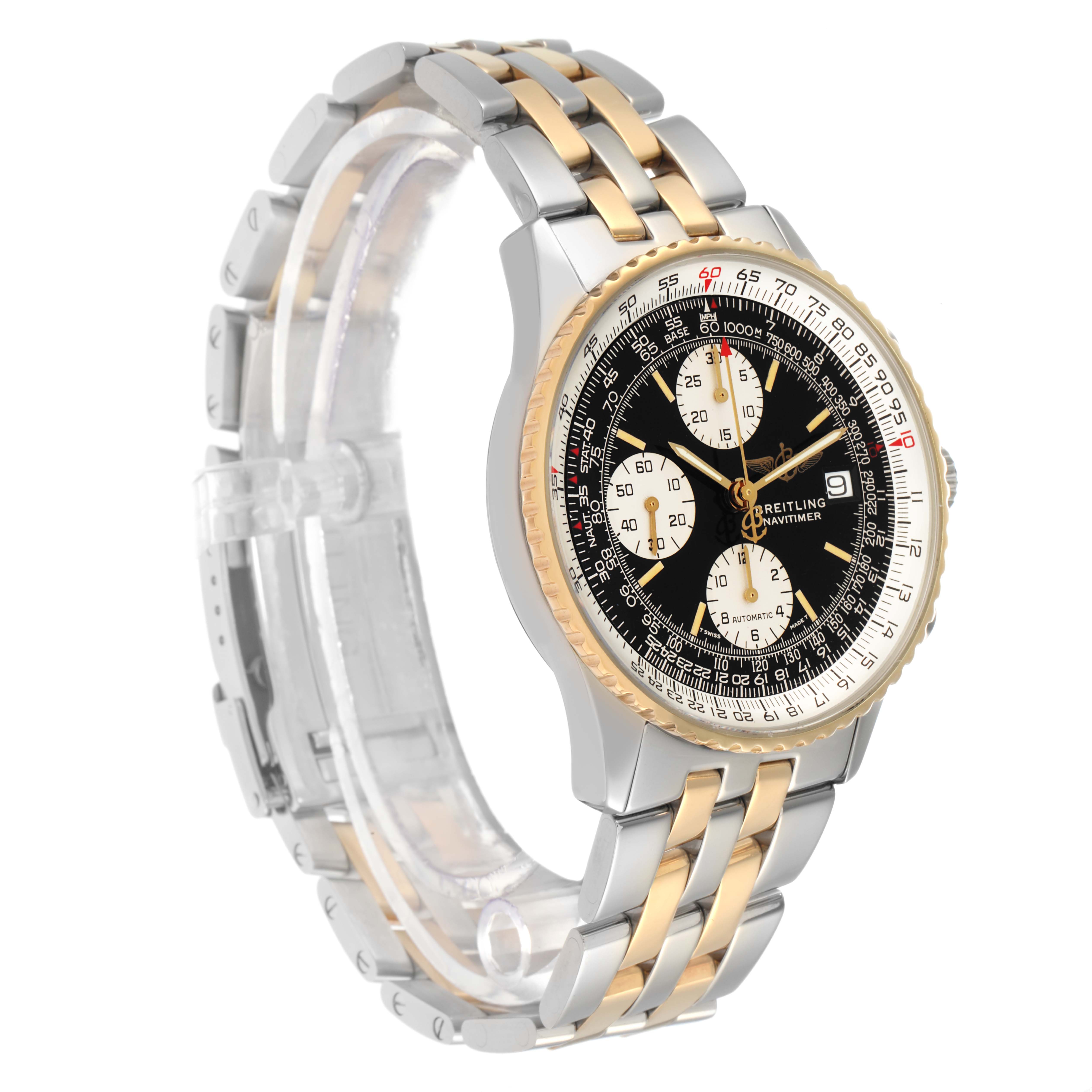 The Breitling Navitimer D13022 Men
s Steel and Gold (two tone) Black Dial watch is shown at a three-quarter angle, highlighting its bezel, face, and two-tone bracelet.