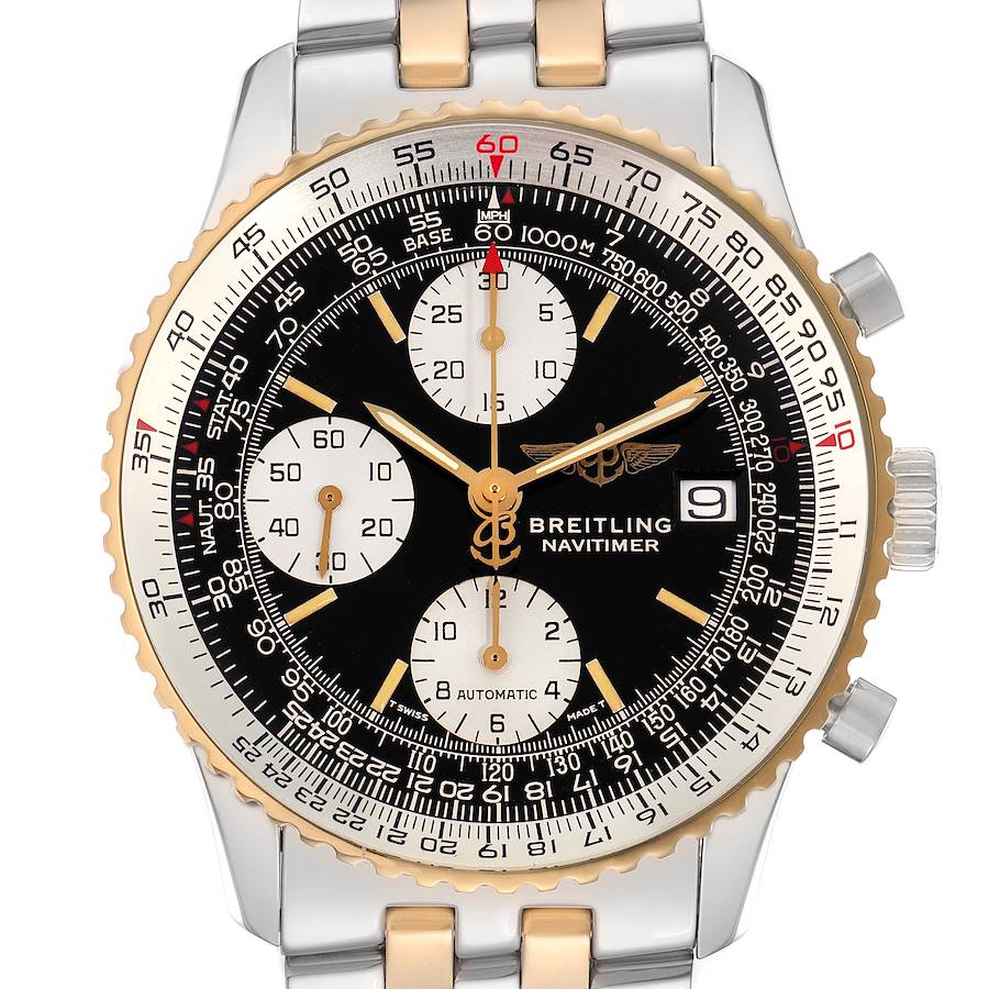 The Breitling Navitimer D13022 watch is shown from a straightforward frontal angle, featuring its dial, bezel, and bracelet.