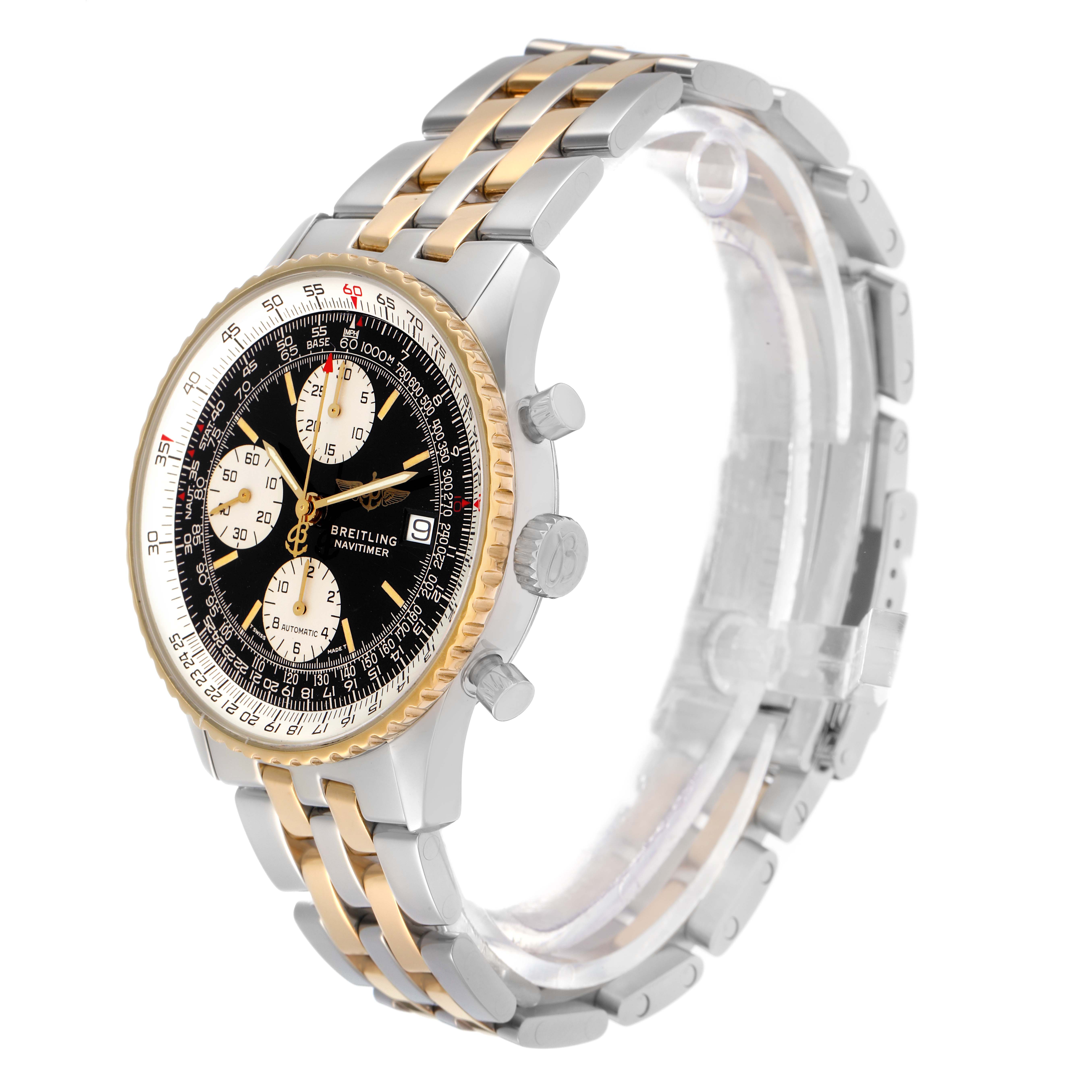 The Breitling Navitimer D13022 Men
s Steel and Gold (two tone) Black Dial watch is shown at an angle highlighting the bezel, dial, case, crown, and metal bracelet.