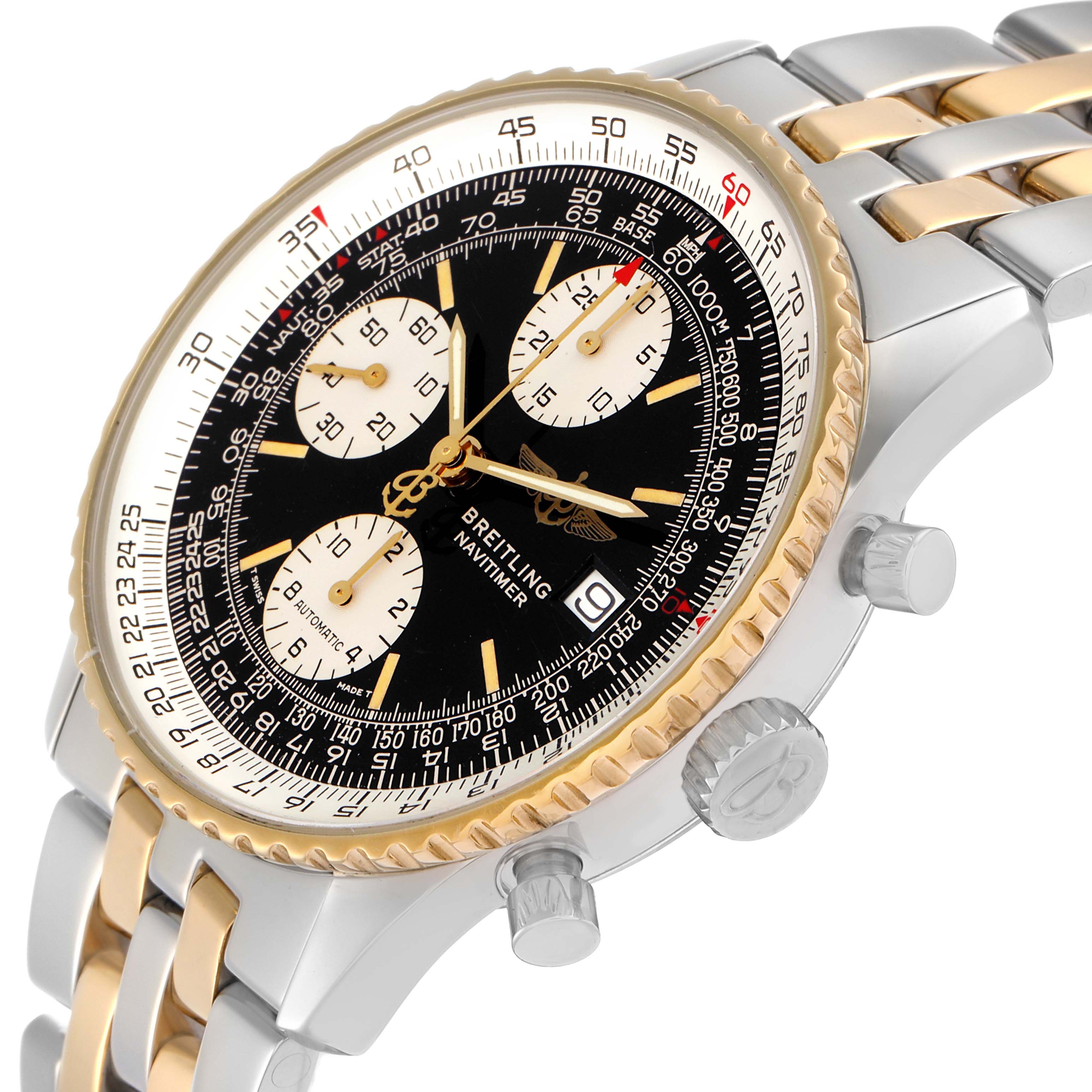 The Breitling Navitimer D13022 Men
s Steel and Gold (two tone) Black Dial watch is shown from a slightly tilted angle, highlighting the face, bezel, crown, and part of the bracelet.