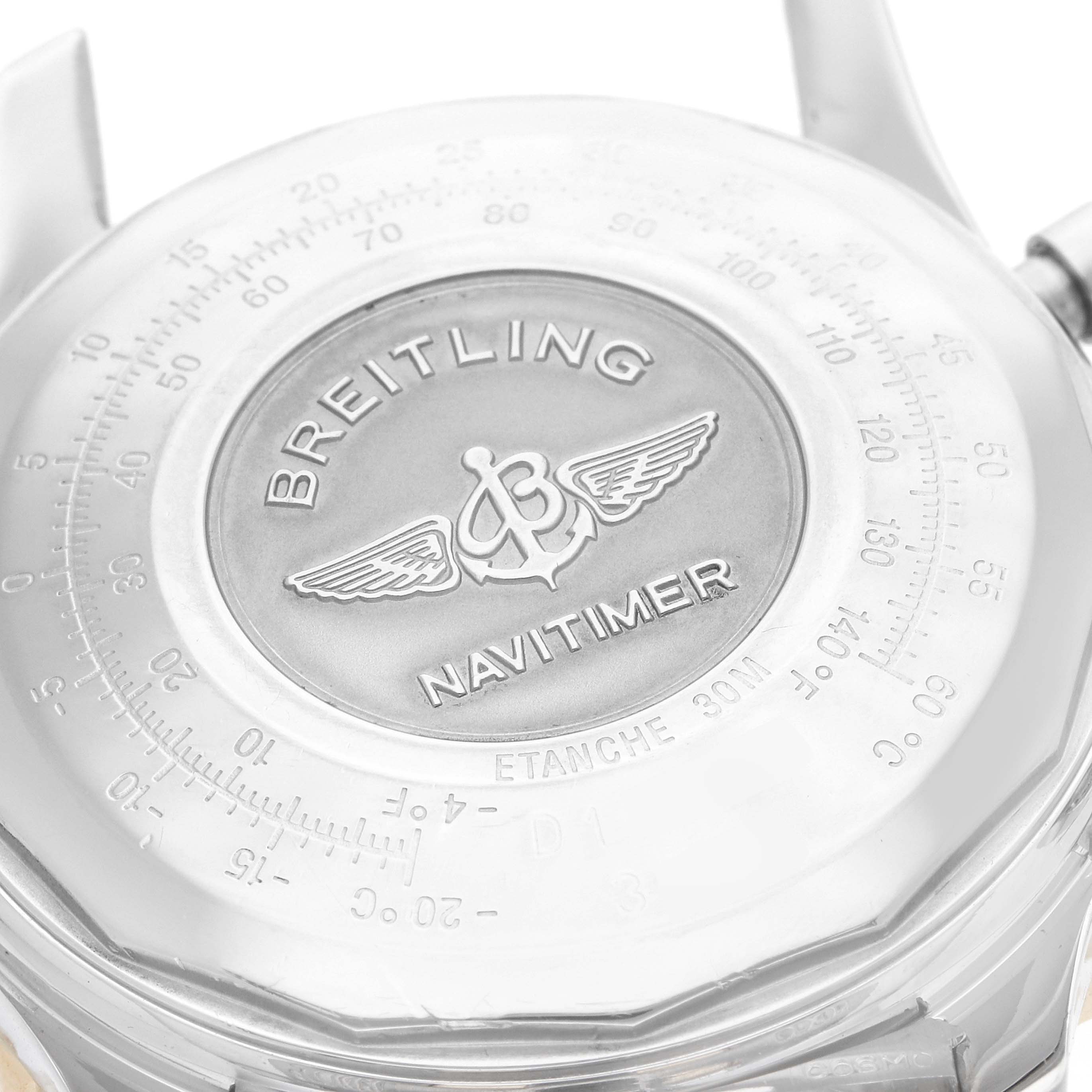 The image shows the back of the Breitling Navitimer D13022 Men
s Steel and Gold (two tone) Black Dial watch, featuring the logo and engraved details.