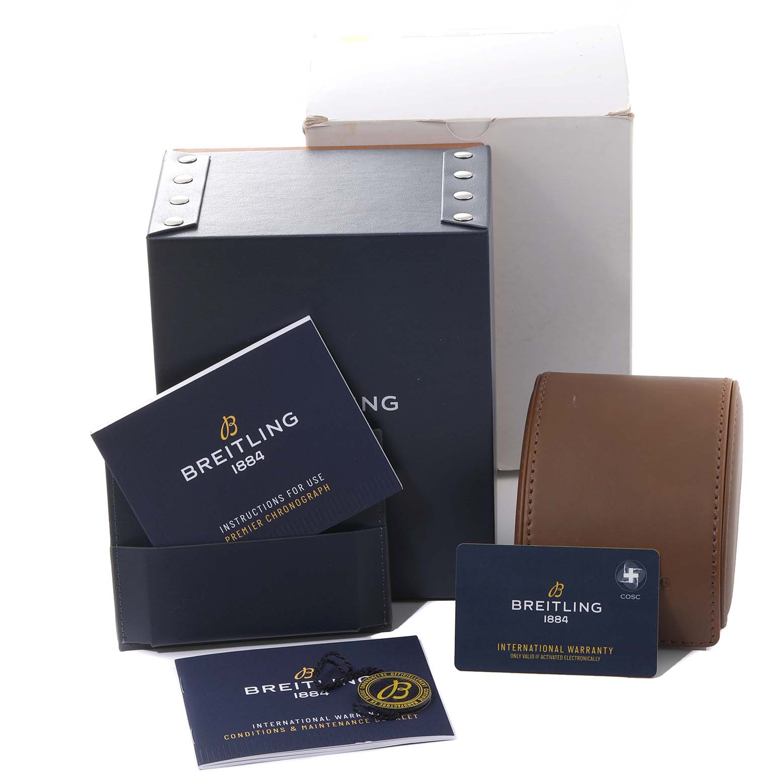 The image displays packaging and accessories for the Breitling Premier A13315 Men's Stainless Steel Blue Dial A13315 Men's Stainless Steel Blue Dial watch, including boxes, manuals, and an international warranty card.