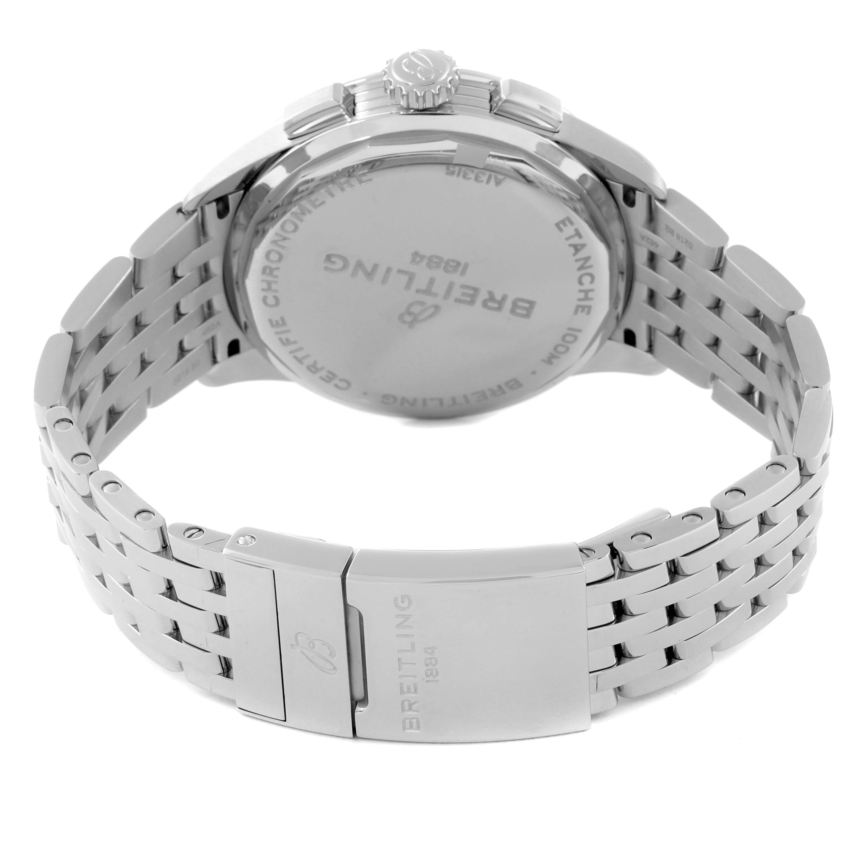 This image shows the case back and clasp of a Breitling Premier A13315 Men's Stainless Steel Blue Dial A13315 Men's Stainless Steel Blue Dial watch, highlighting the stainless steel bracelet and detailing.