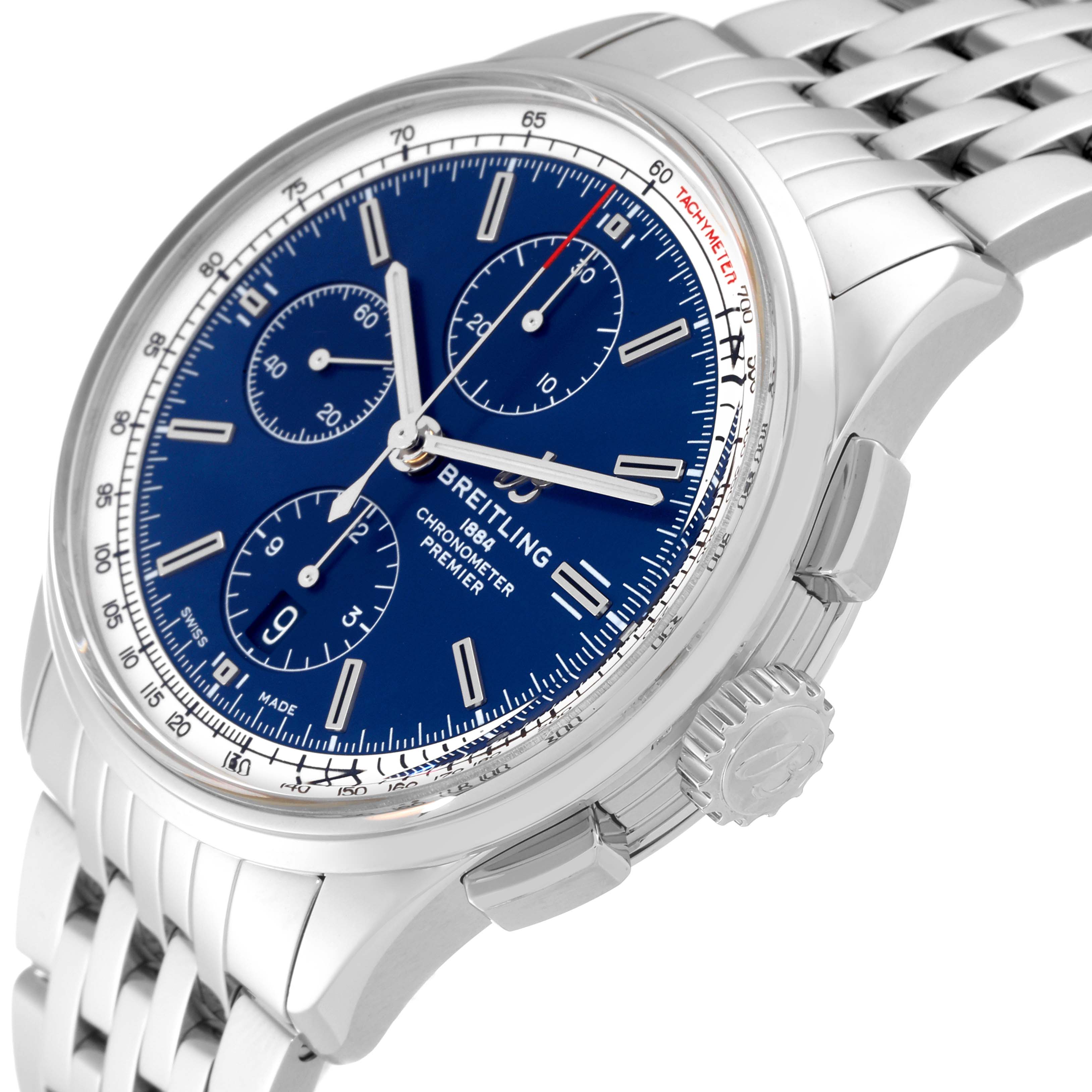 The Breitling Premier A13315 Men's Stainless Steel Blue Dial A13315 Men's Stainless Steel Blue Dial watch is shown at an angle highlighting its blue dial, chronograph subdials, tachymeter, and stainless steel bracelet.