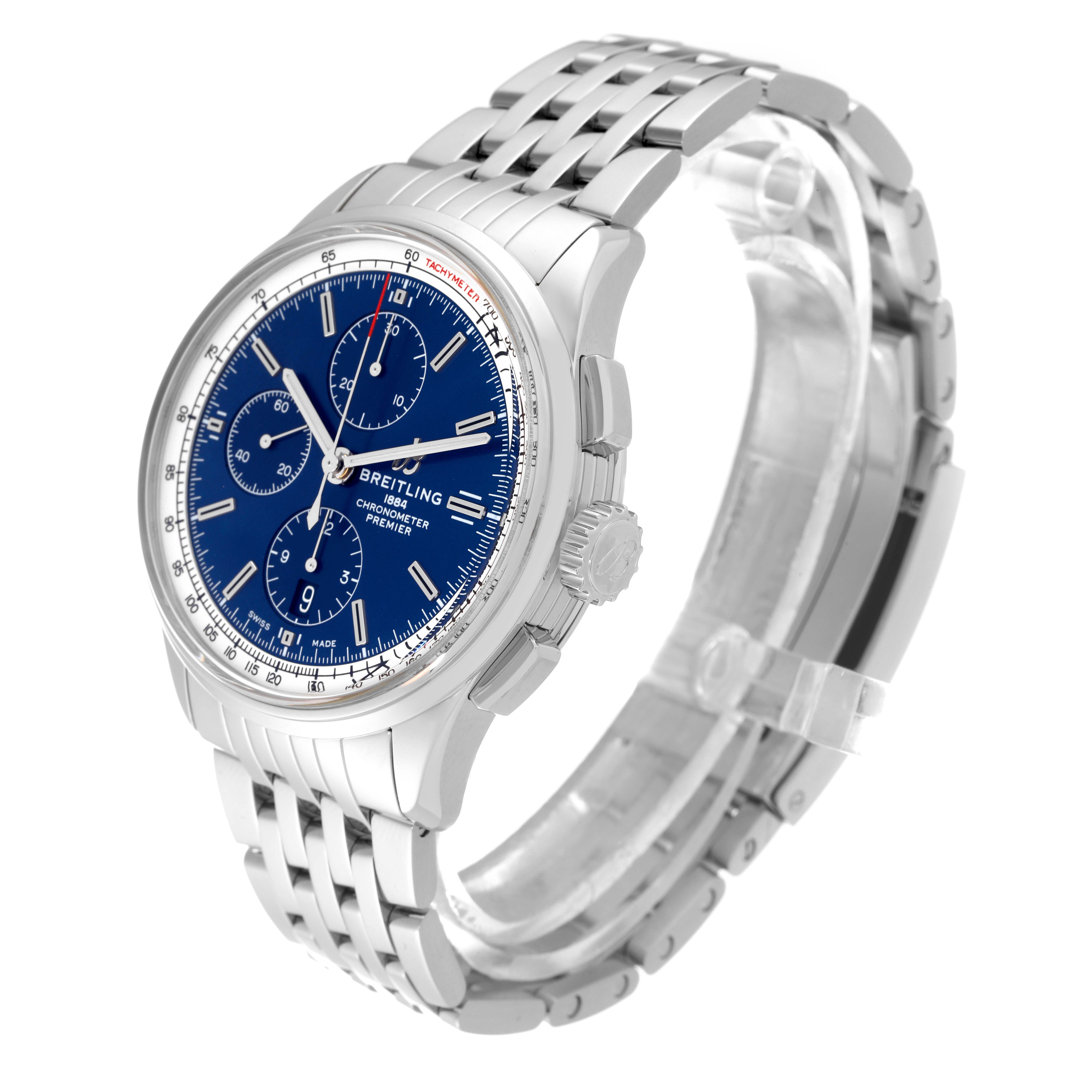The Breitling Premier A13315 Men's Stainless Steel Blue Dial A13315 Men's Stainless Steel Blue Dial watch is shown at an angled view, displaying the face, crown, and metal strap.
