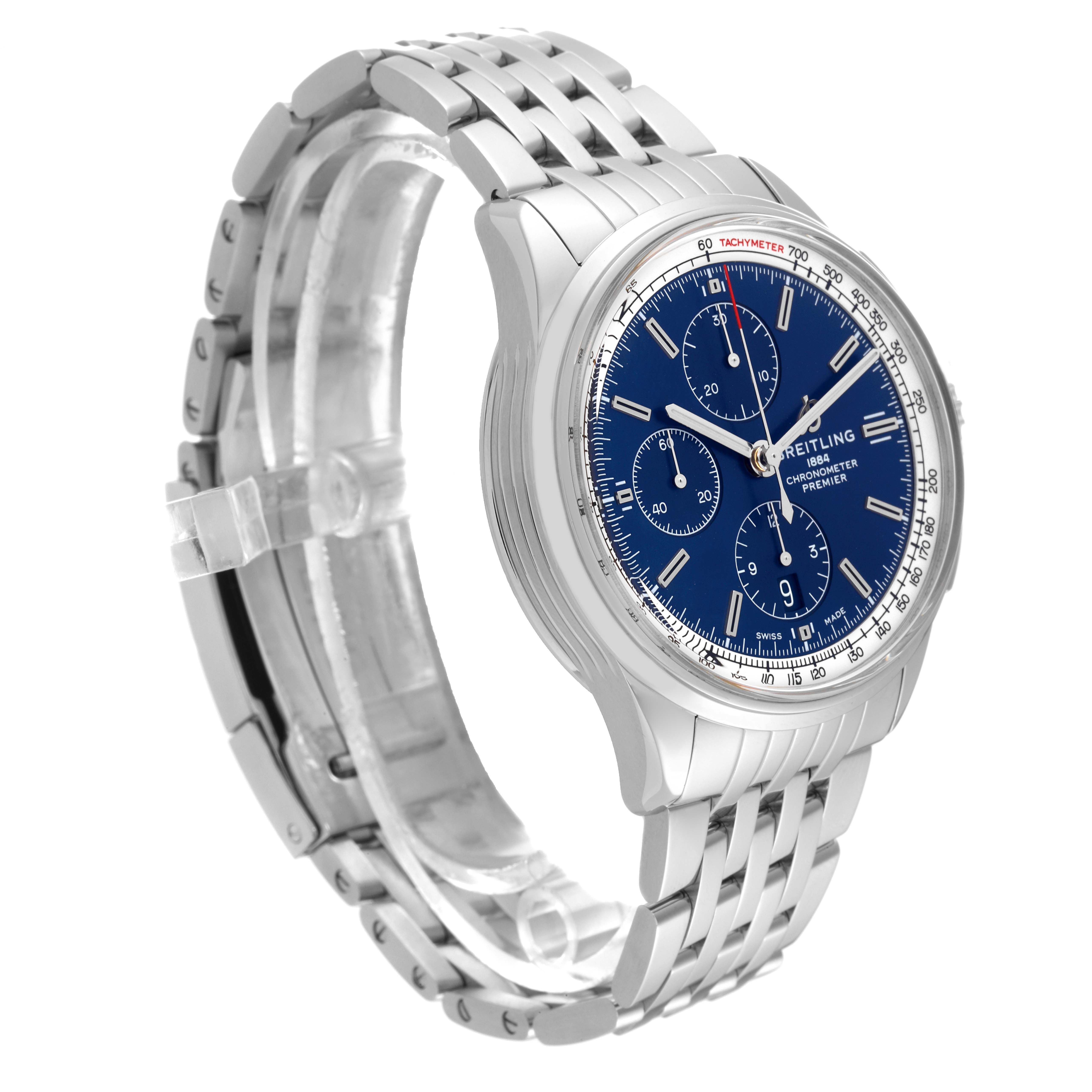 The image shows a side and front angle of the Breitling Premier A13315 Men's Stainless Steel Blue Dial A13315 Men's Stainless Steel Blue Dial watch, highlighting its metal bracelet and blue dial.