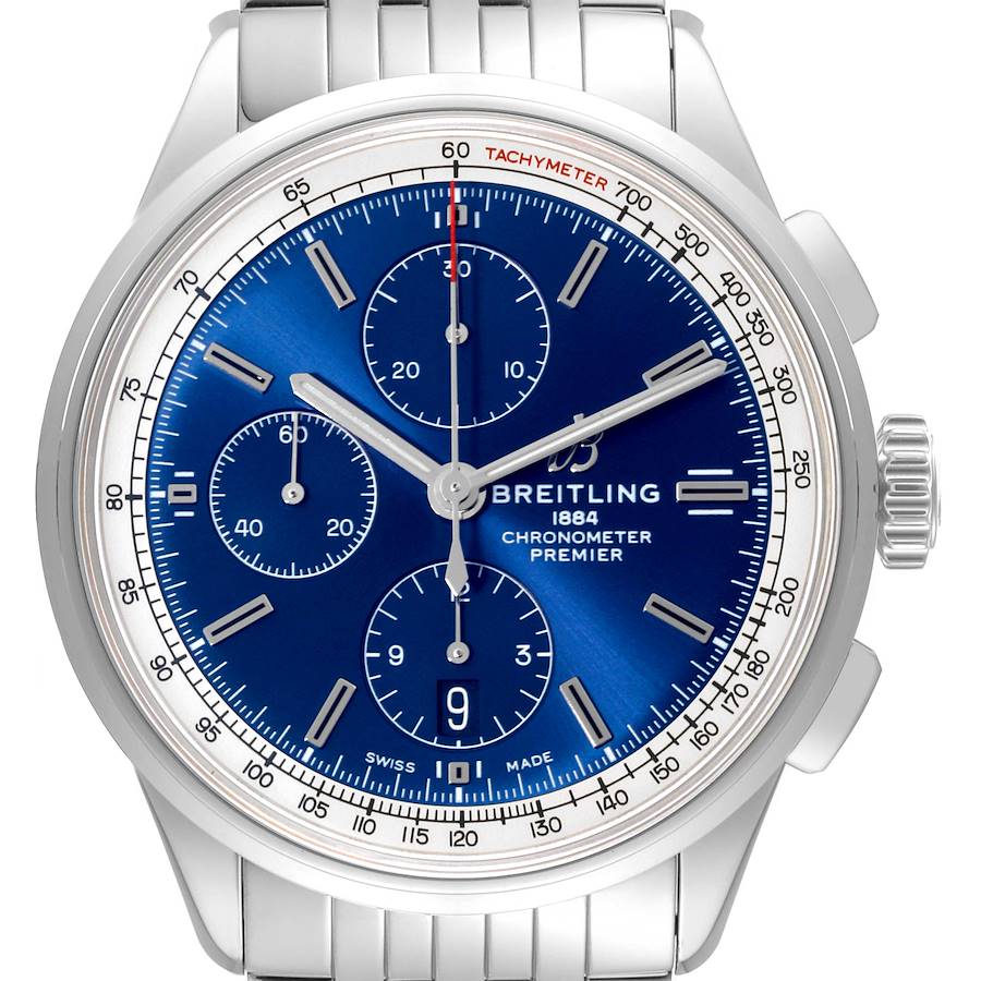 This image shows a front view of the Breitling Premier watch, highlighting its blue dial, chronograph subdials, and stainless steel bracelet.