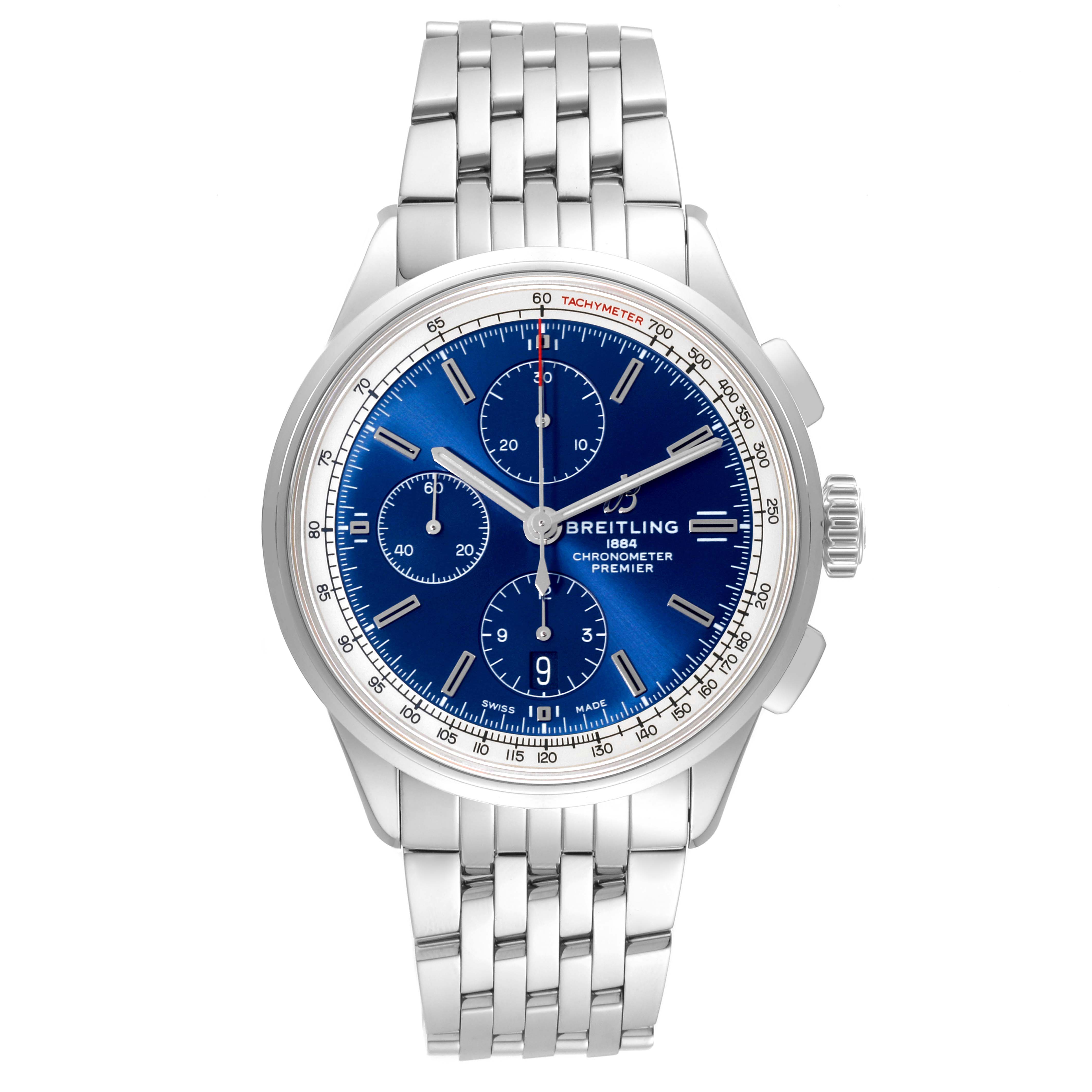 The Breitling Premier A13315 Men's Stainless Steel Blue Dial A13315 Men's Stainless Steel Blue Dial model watch is shown from a front angle, displaying the face, dial, and stainless steel band.
