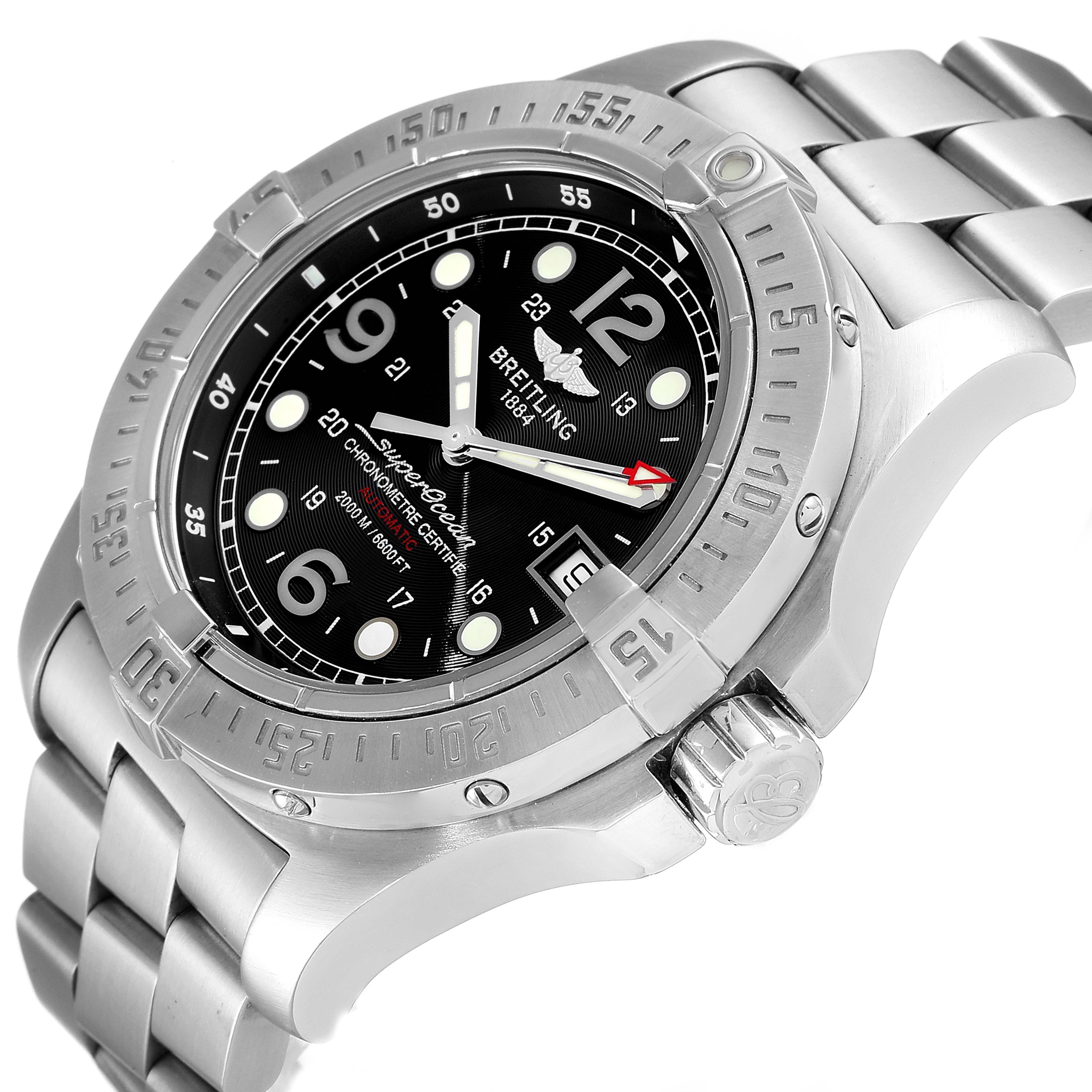 This image shows a close-up angle of the Breitling Superocean A17390 Men
s Stainless Steel Black Dial A17390 Men
s Stainless Steel Black Dial watch, highlighting the bezel, dial, and stainless steel bracelet.