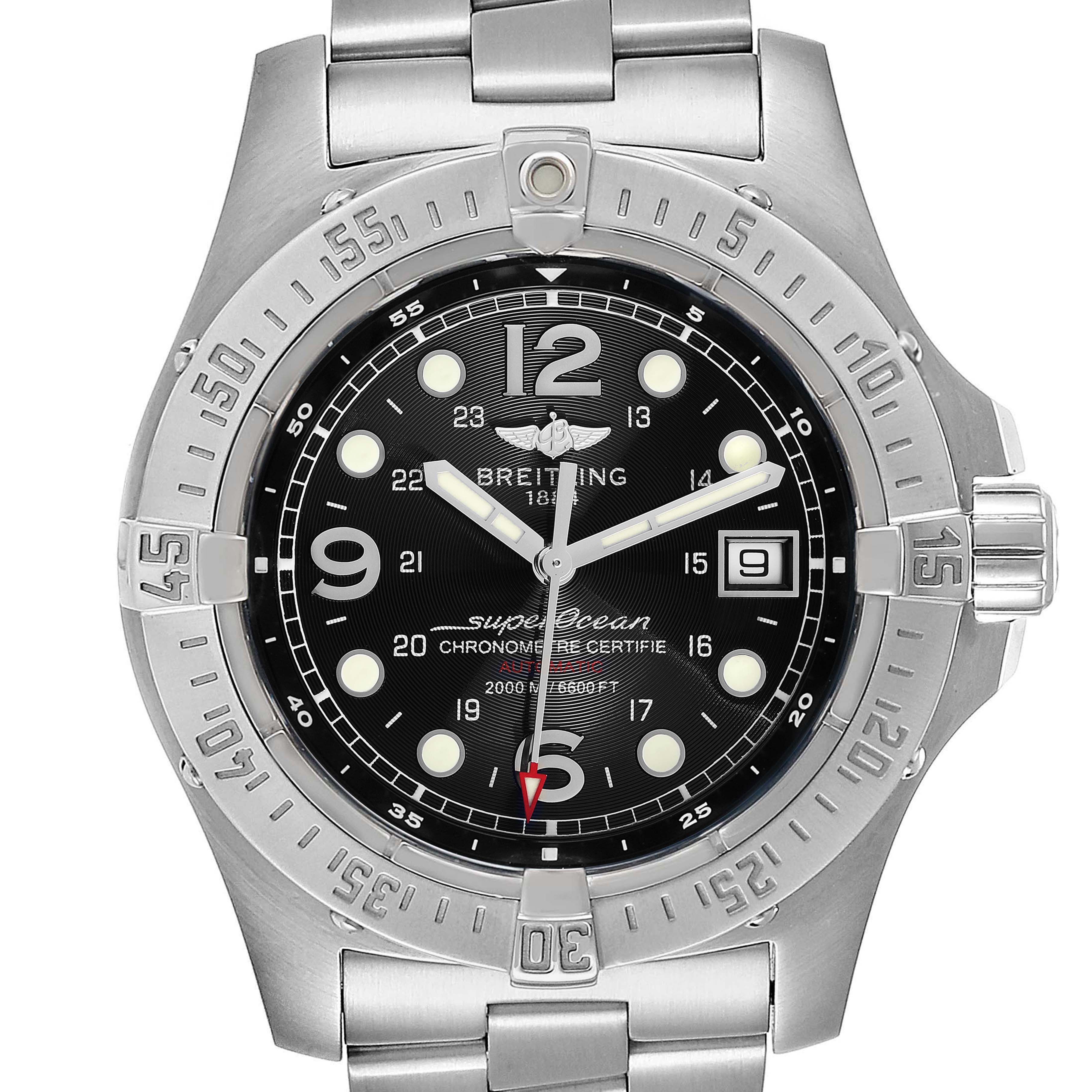 This image shows a front view of the Breitling Superocean A17390 Men
s Stainless Steel Black Dial A17390 Men
s Stainless Steel Black Dial watch, highlighting its dial, bezel, and bracelet.