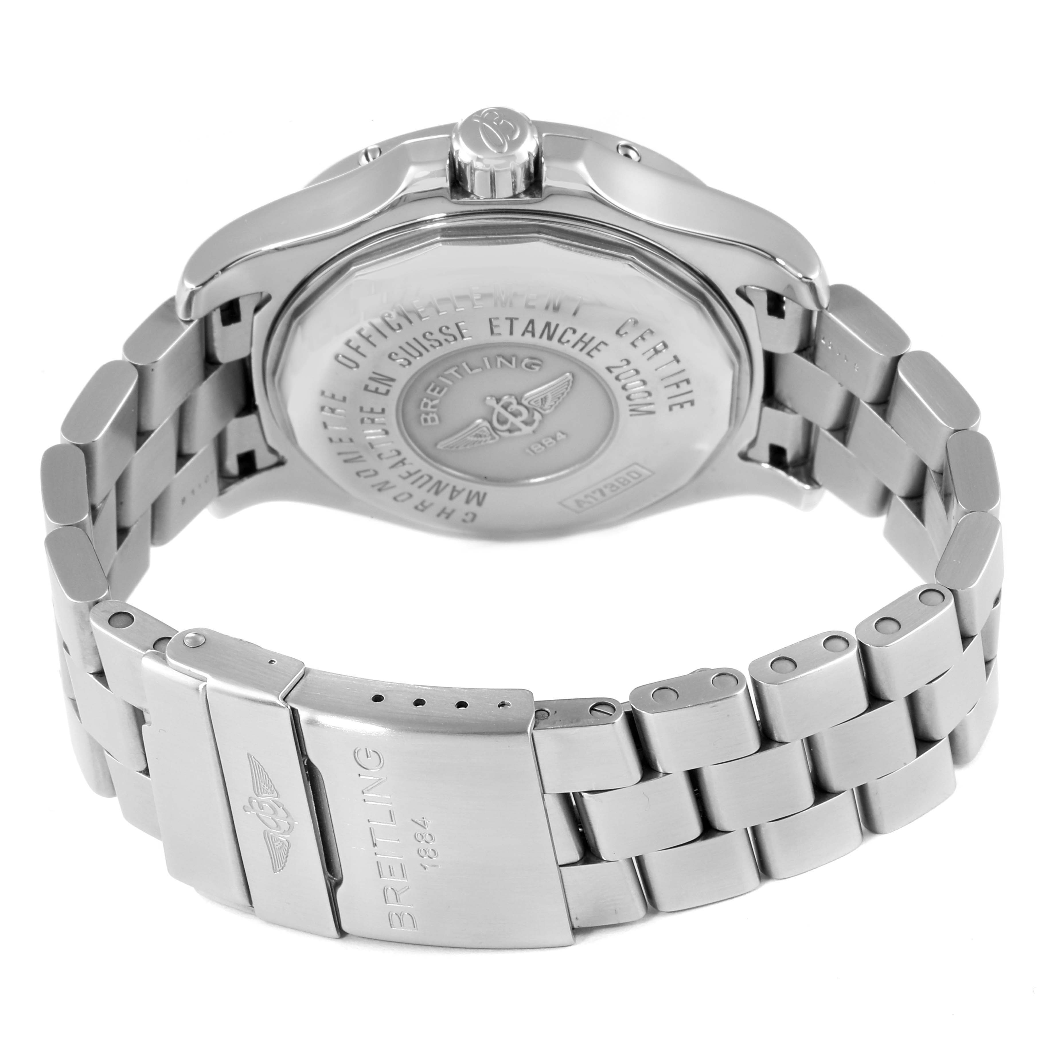 The image shows the back case and stainless steel bracelet of a Breitling Superocean A17390 Men
s Stainless Steel Black Dial A17390 Men
s Stainless Steel Black Dial watch at an angled view.