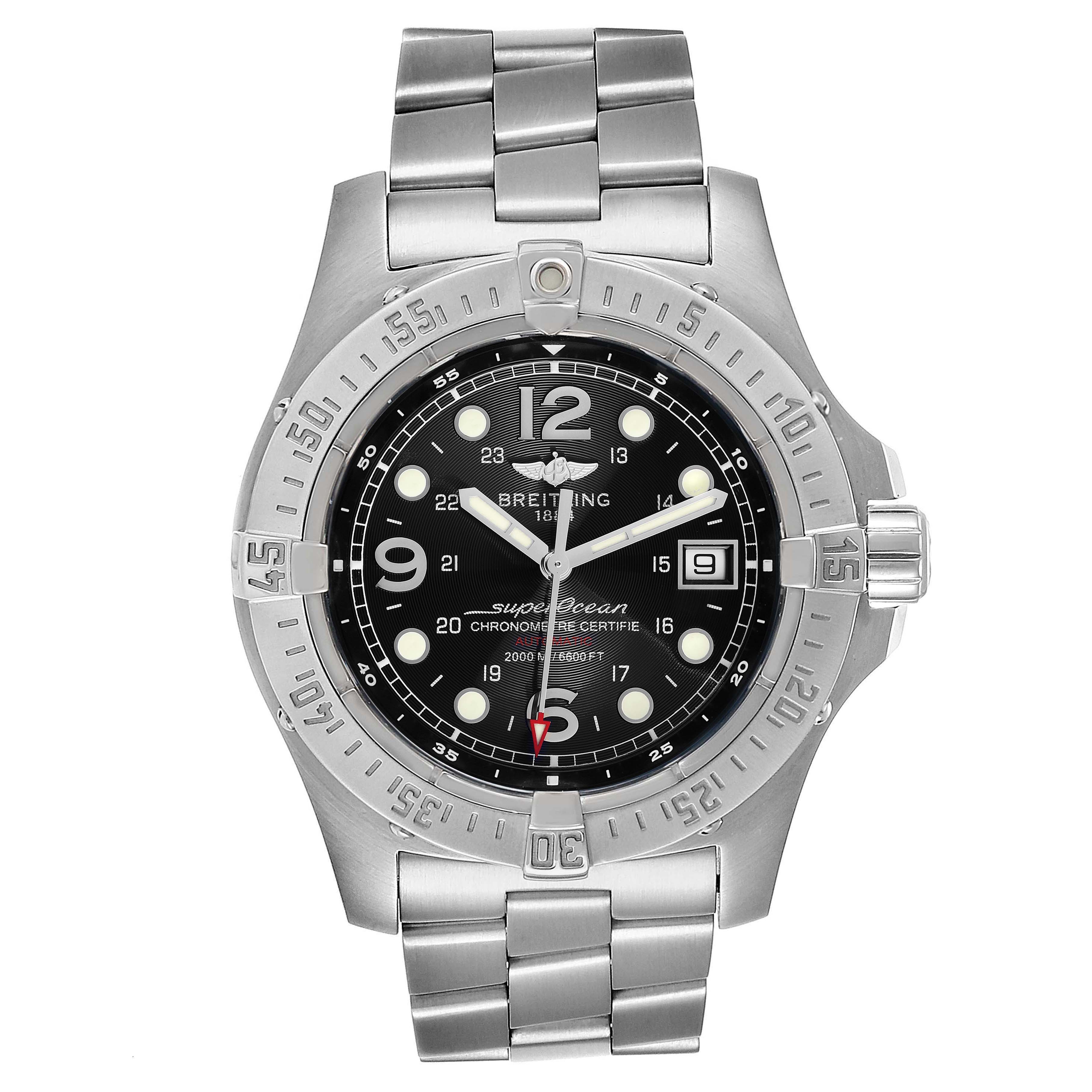 The image shows a front view of a Breitling Superocean A17390 Men
s Stainless Steel Black Dial A17390 Men
s Stainless Steel Black Dial watch, highlighting its dial, bezel, hands, and bracelet.