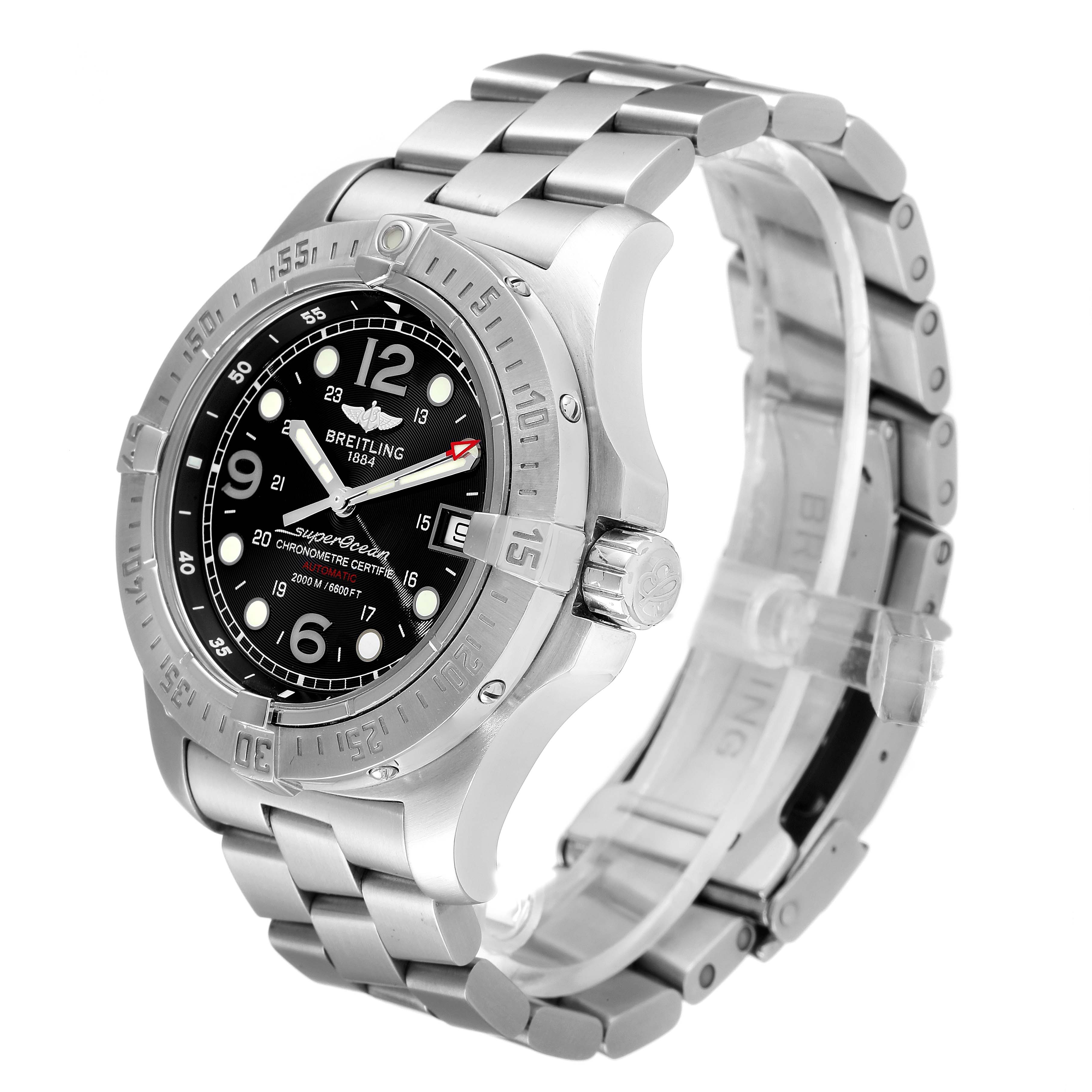 The image shows a Breitling Superocean A17390 Men
s Stainless Steel Black Dial A17390 Men
s Stainless Steel Black Dial model watch from a three-quarter angle, highlighting the dial, bezel, case, and metal bracelet.