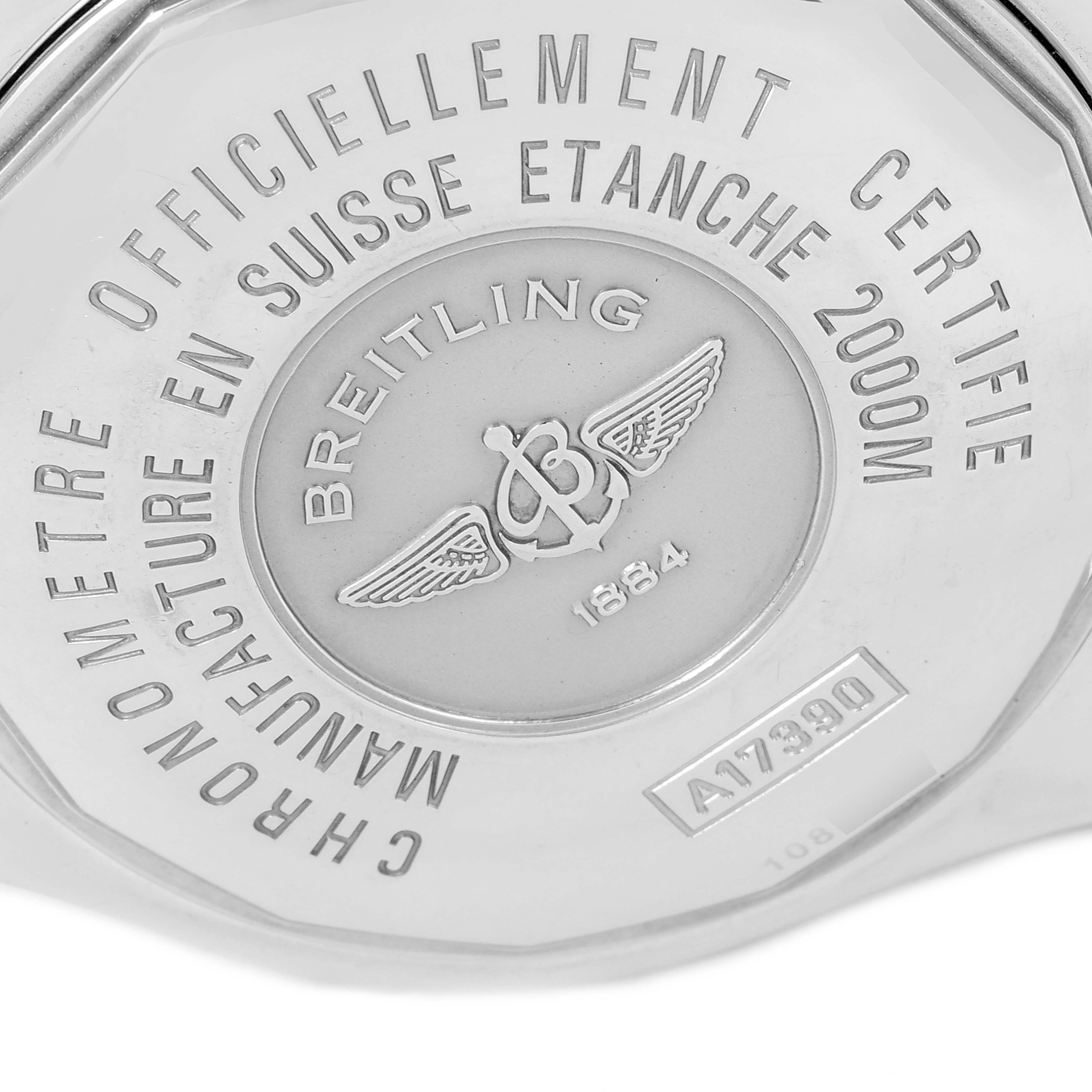 This image shows the backside of the Breitling Superocean A17390 Men
s Stainless Steel Black Dial A17390 Men
s Stainless Steel Black Dial watch, highlighting the model number, brand logo, and water resistance details.