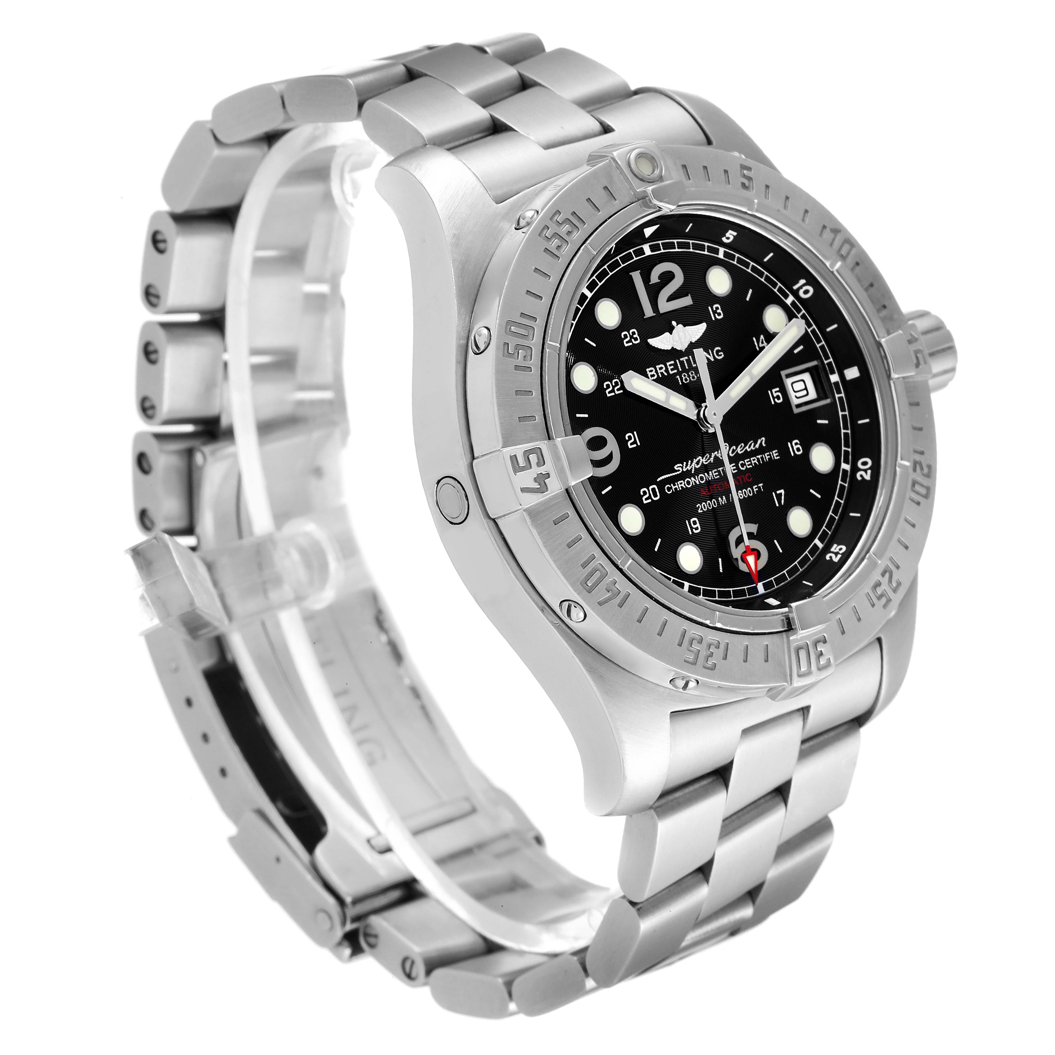 The Breitling Superocean A17390 Men
s Stainless Steel Black Dial A17390 Men
s Stainless Steel Black Dial watch is shown at a slight angle, displaying its face, bezel, crown, and part of the stainless steel bracelet.