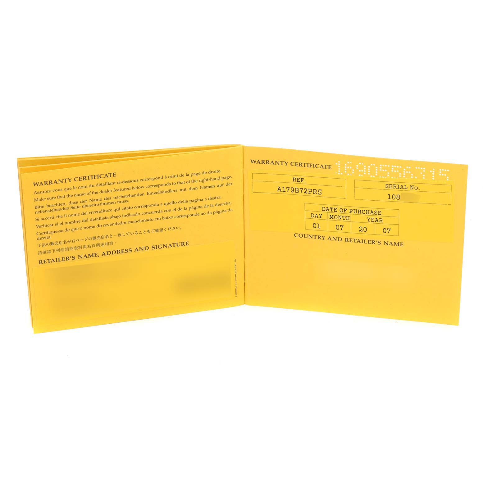 This image shows an open warranty certificate for the Breitling Superocean A17390 Men
s Stainless Steel Black Dial A17390 Men
s Stainless Steel Black Dial watch model.