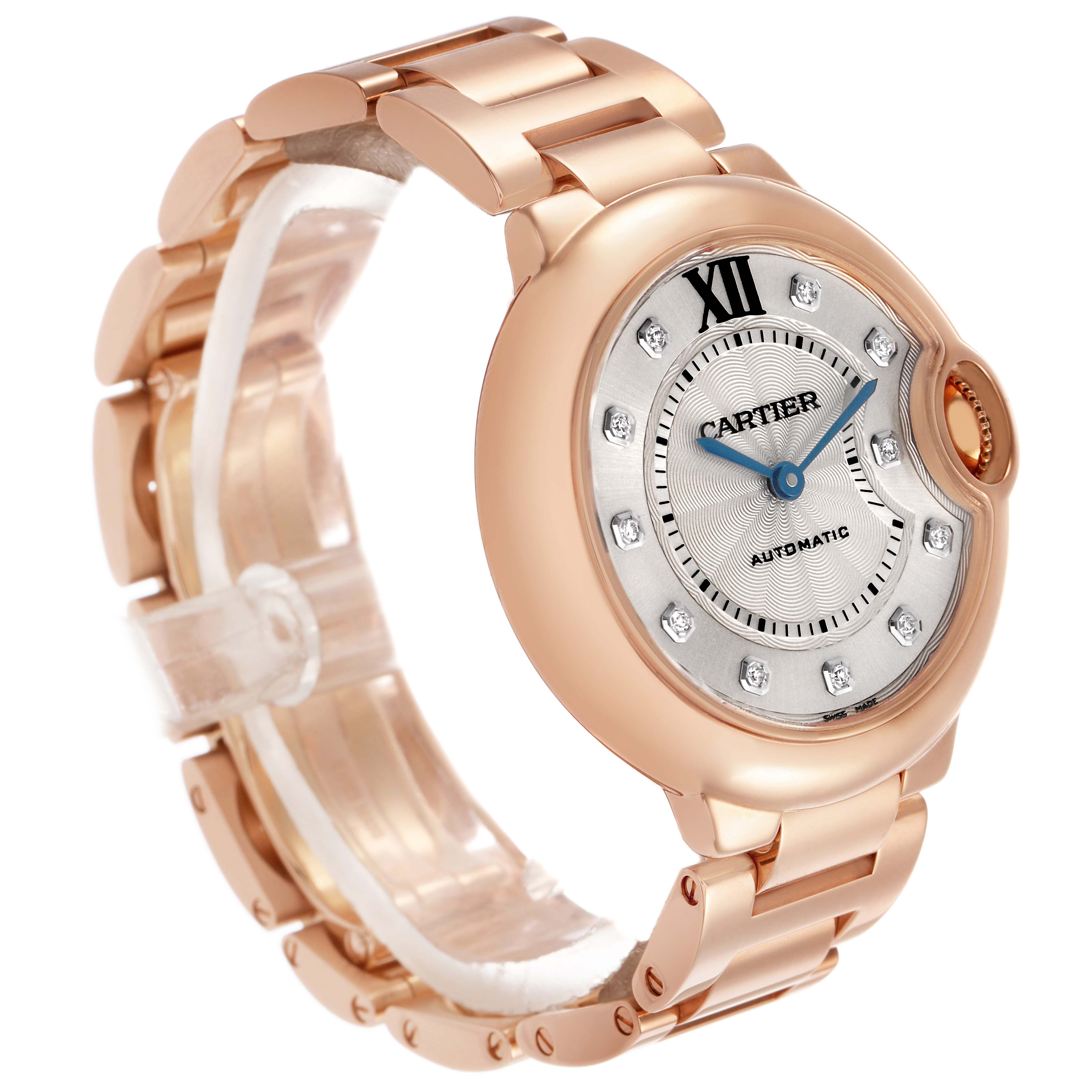 The Cartier Ballon Bleu WE902039 Women's Rose Gold Silver Dial watch is shown at a side angle, displaying the face, band, and crown detail.