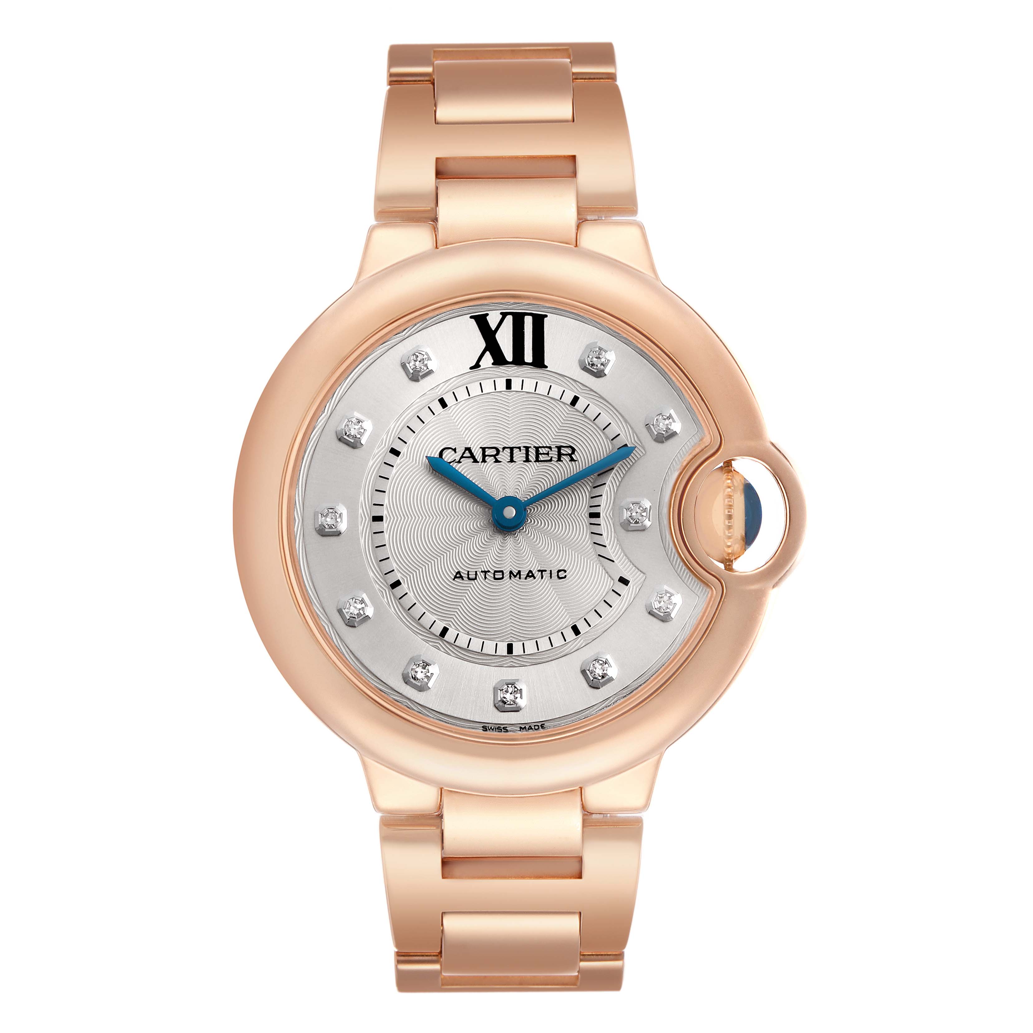 The Cartier Ballon Bleu WE902039 Women's Rose Gold Silver Dial watch is shown from a front angle, displaying its face, bracelet, and distinctive crown.