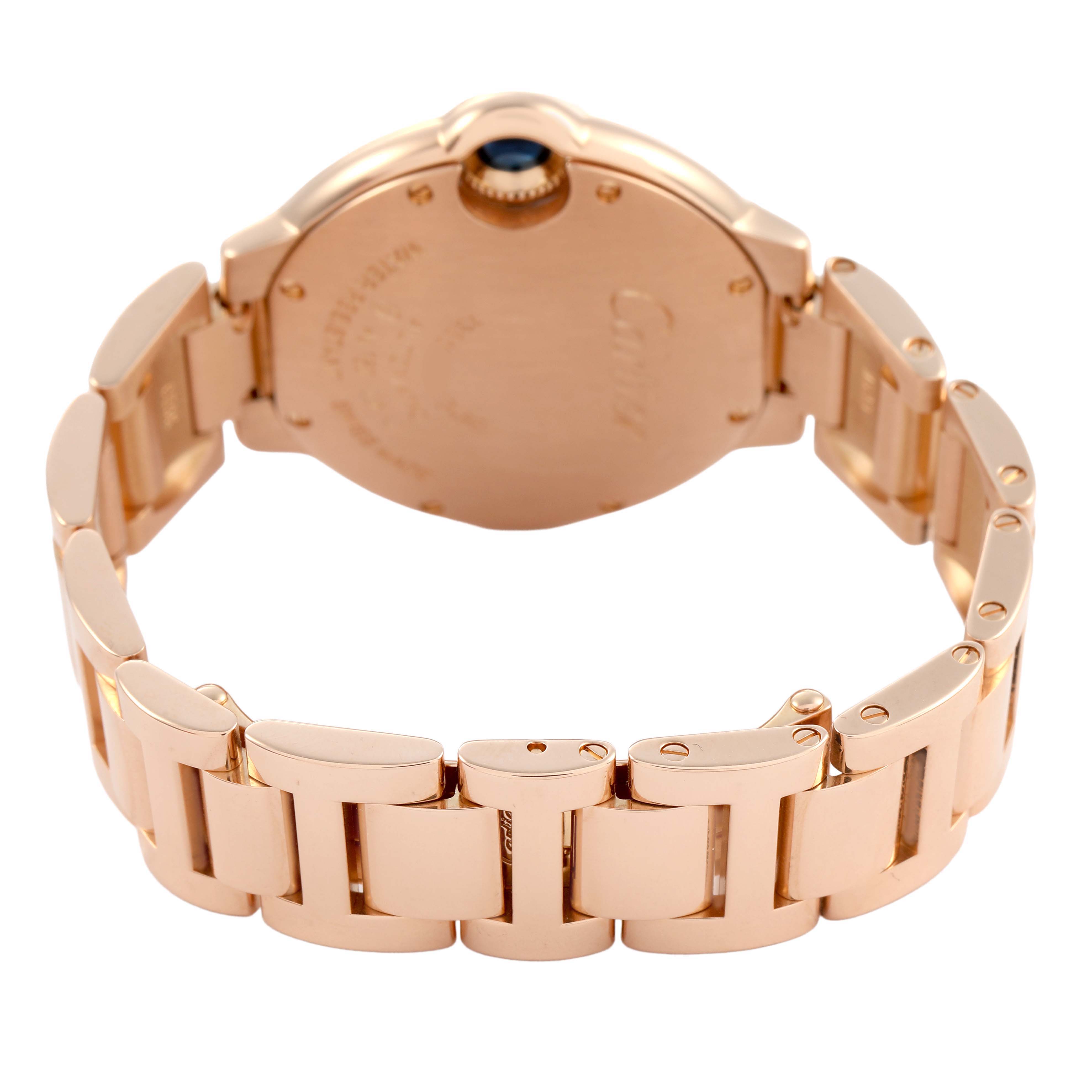 The Cartier Ballon Bleu WE902039 Women's Rose Gold Silver Dial watch is shown from the back, highlighting its bracelet and case back.