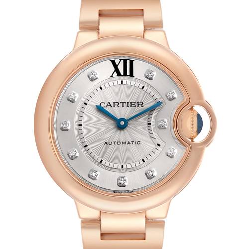 The Cartier Ballon Bleu WE902039 Women's Rose Gold Silver Dial watch is shown from a front angle, highlighting the face, hands, diamond markers, and crown.