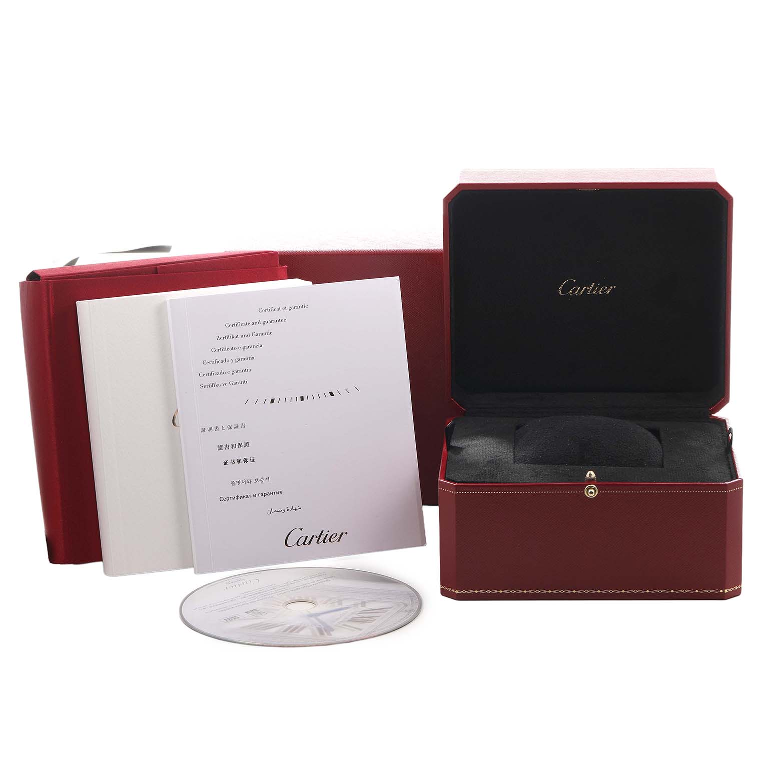 The image shows accessories for a Cartier Ballon Bleu WE902039 Women's Rose Gold Silver Dial, including the box, booklet, and a CD.