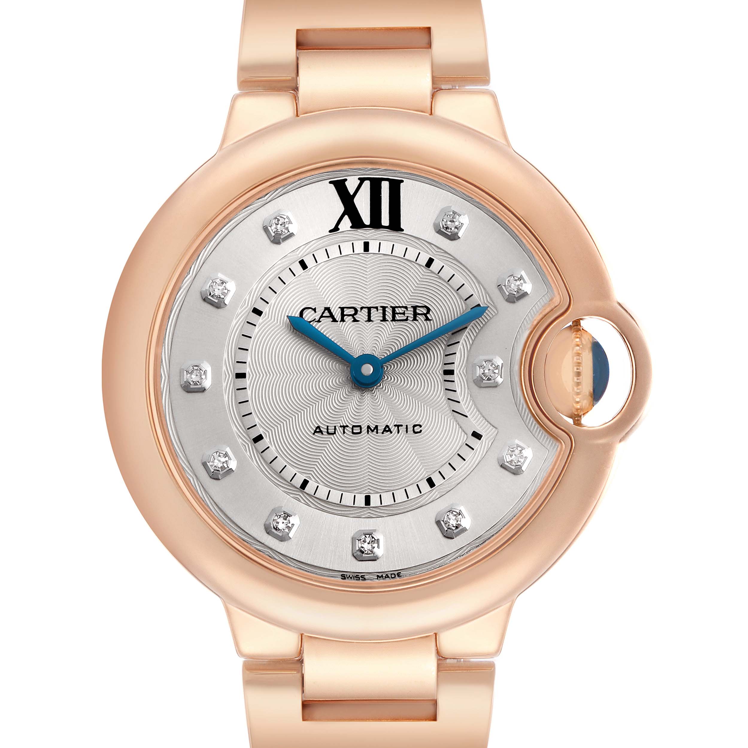 The Cartier Ballon Bleu WE902039 Women's Rose Gold Silver Dial watch is shown from the front, highlighting its round case, blue hands, roman numeral, and diamond markers.