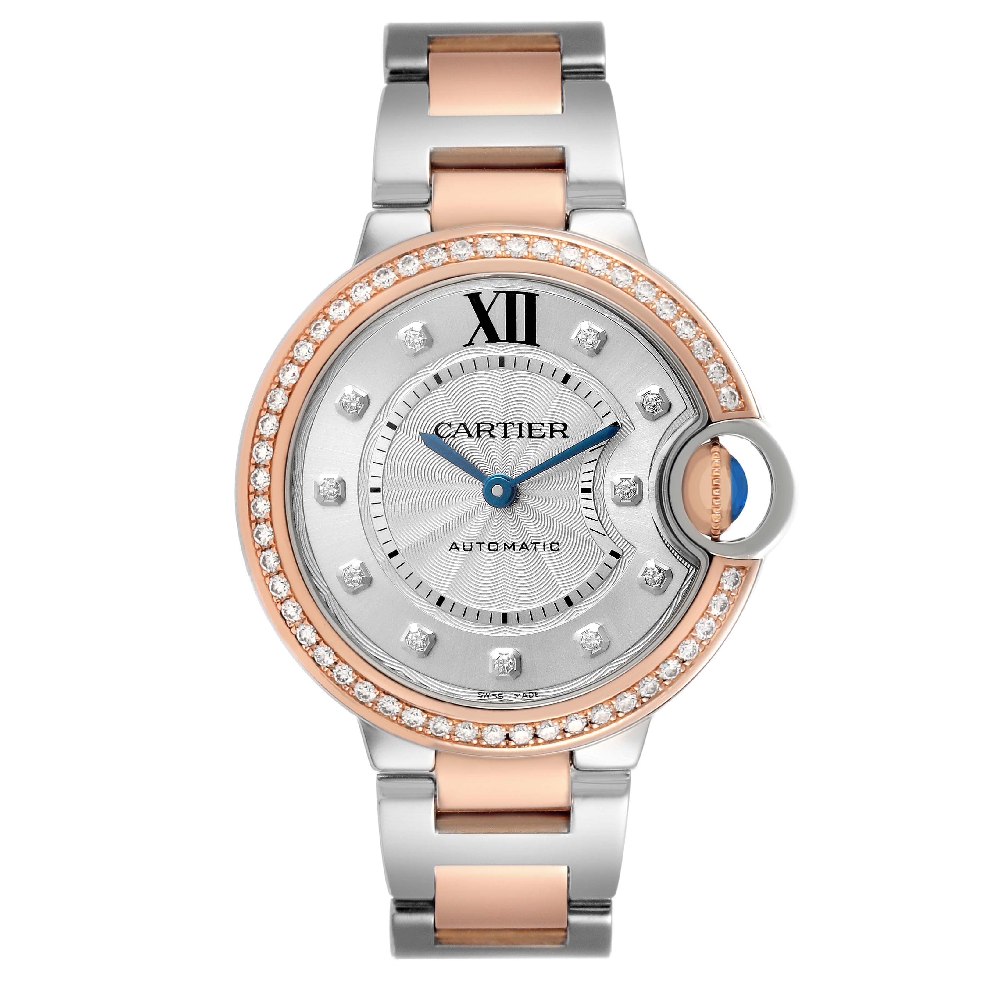 The Cartier Ballon Bleu WE902077 Women's Steel and Gold (two tone) Silver Dial watch is shown from a front angle, highlighting the dial, case, and bracelet.