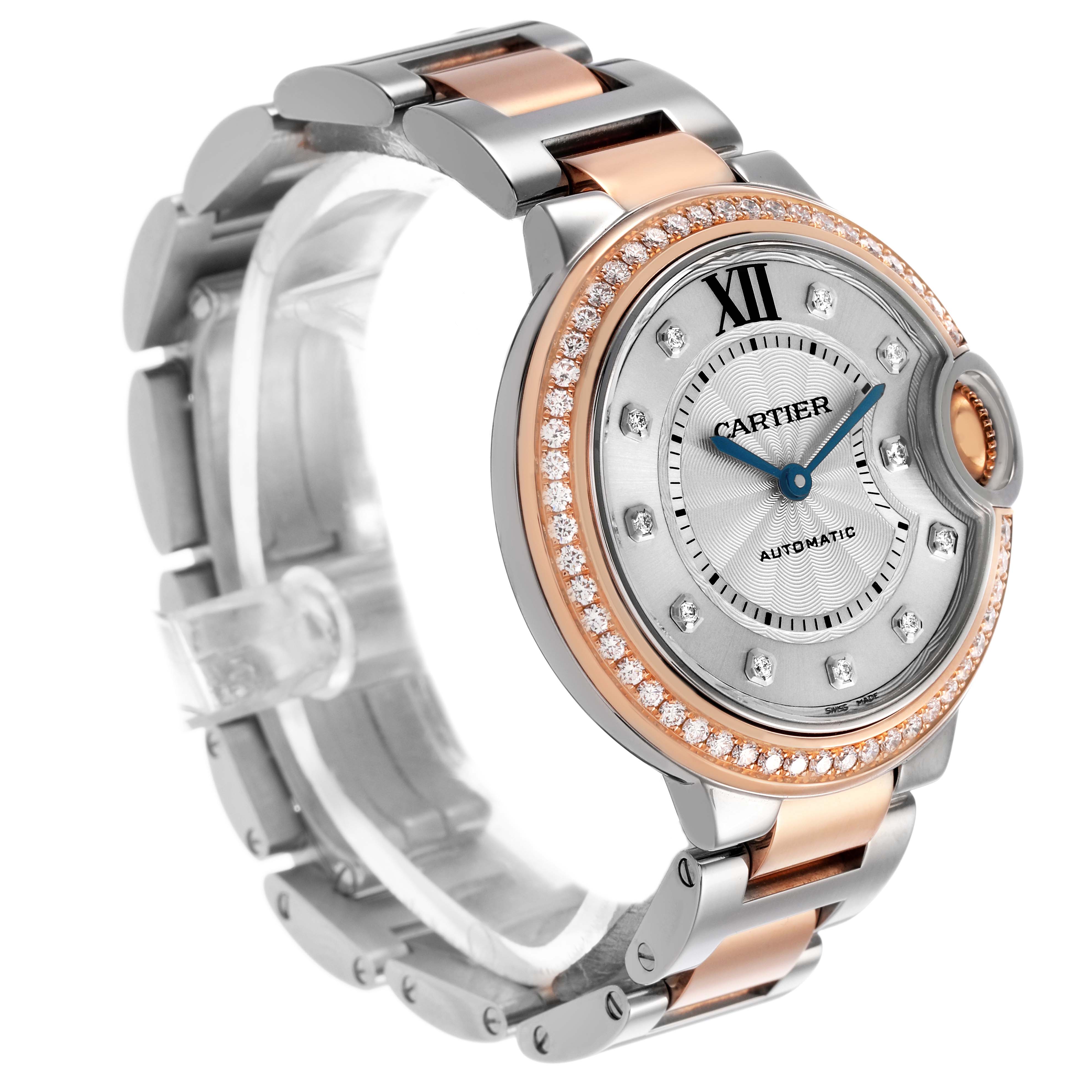 The Cartier Ballon Bleu WE902077 Women's Steel and Gold (two tone) Silver Dial watch is shown at a slight angle, highlighting the face, diamond bezel, and mixed metal bracelet.