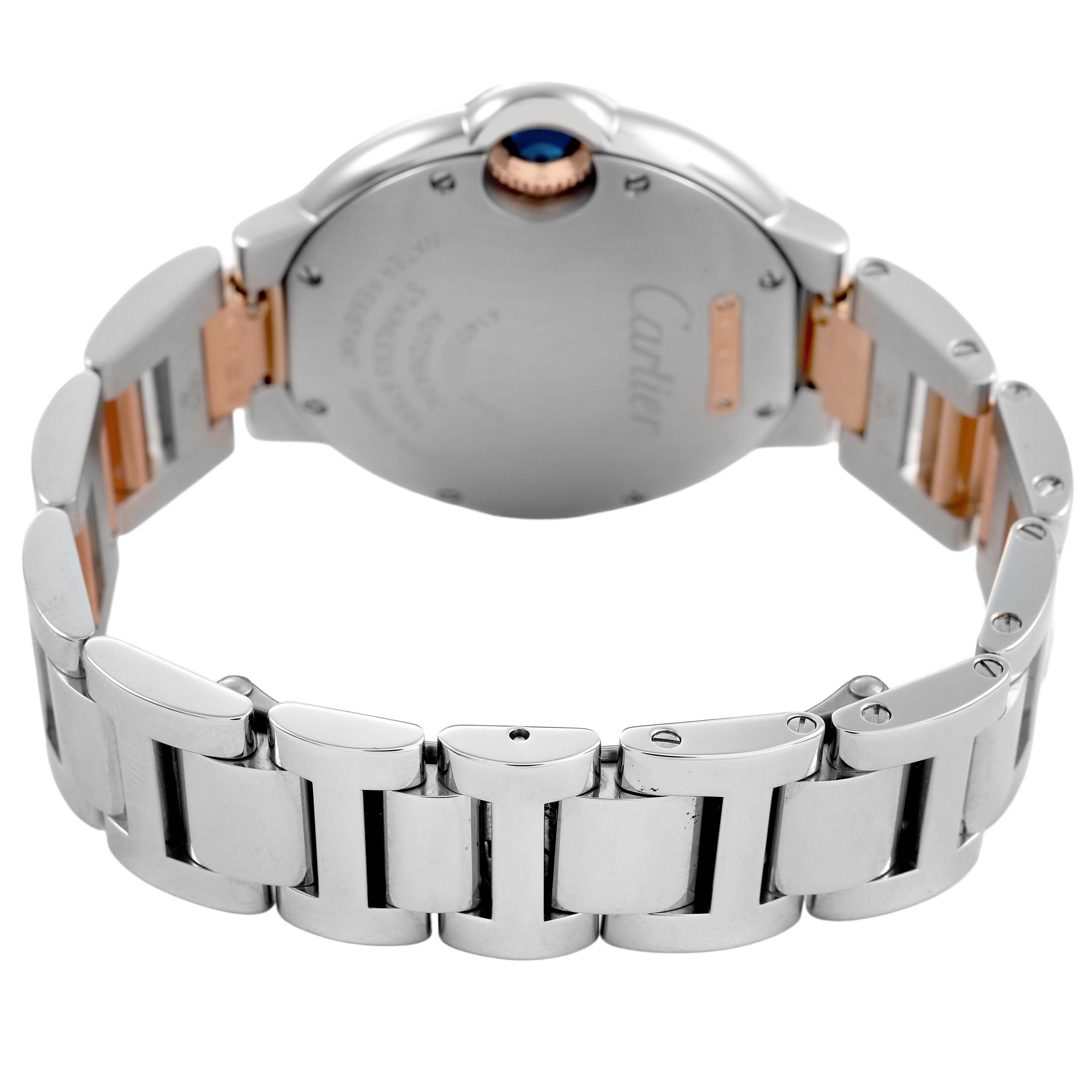 The image shows the back view of a Cartier Ballon Bleu WE902077 Women's Steel and Gold (two tone) Silver Dial watch, highlighting the case back, crown, and metal bracelet.
