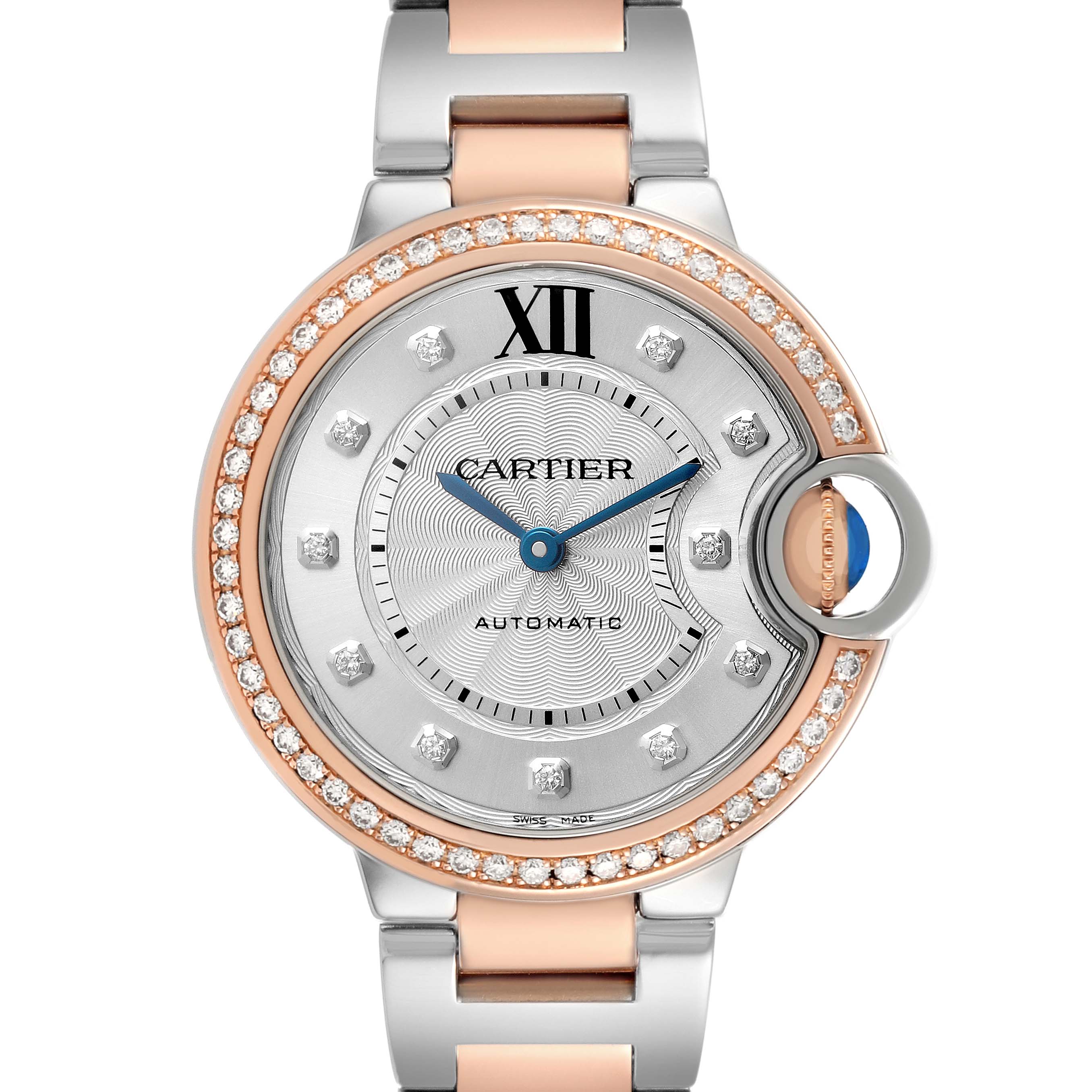 The Cartier Ballon Bleu WE902077 Women's Steel and Gold (two tone) Silver Dial watch is shown from the front, highlighting its bezel with diamonds and integrated bracelet.