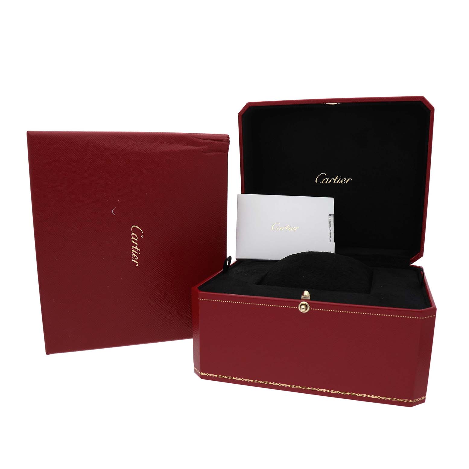 The image shows a Cartier Ballon Bleu WE902077 Women's Steel and Gold (two tone) Silver Dial watch box, packaging, and documentation, viewed from the front.