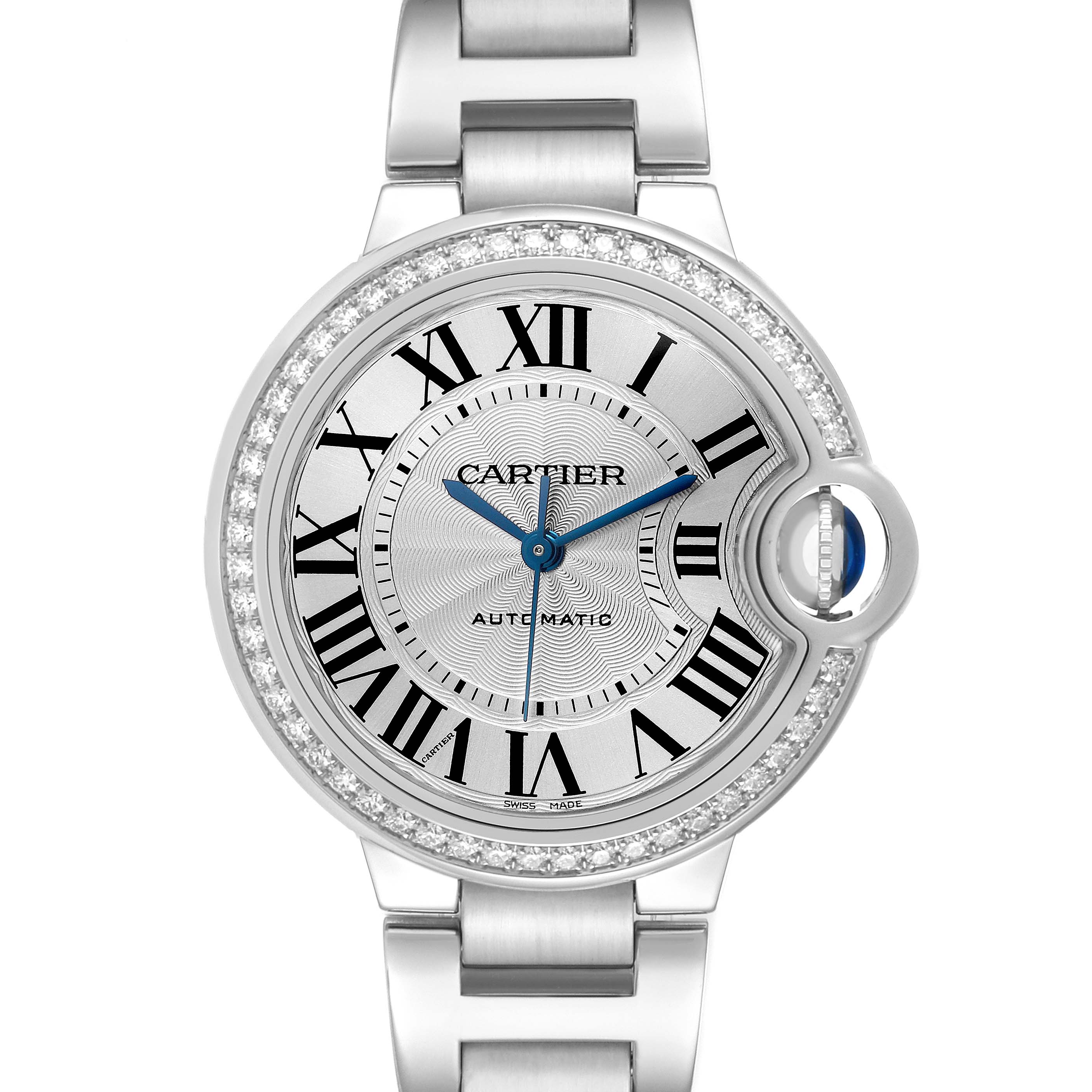 The Cartier Ballon Bleu W4BB0016 Women's Stainless Steel Silver Dial watch is shown from the front, highlighting its face, dial, and bezel with diamond accents.