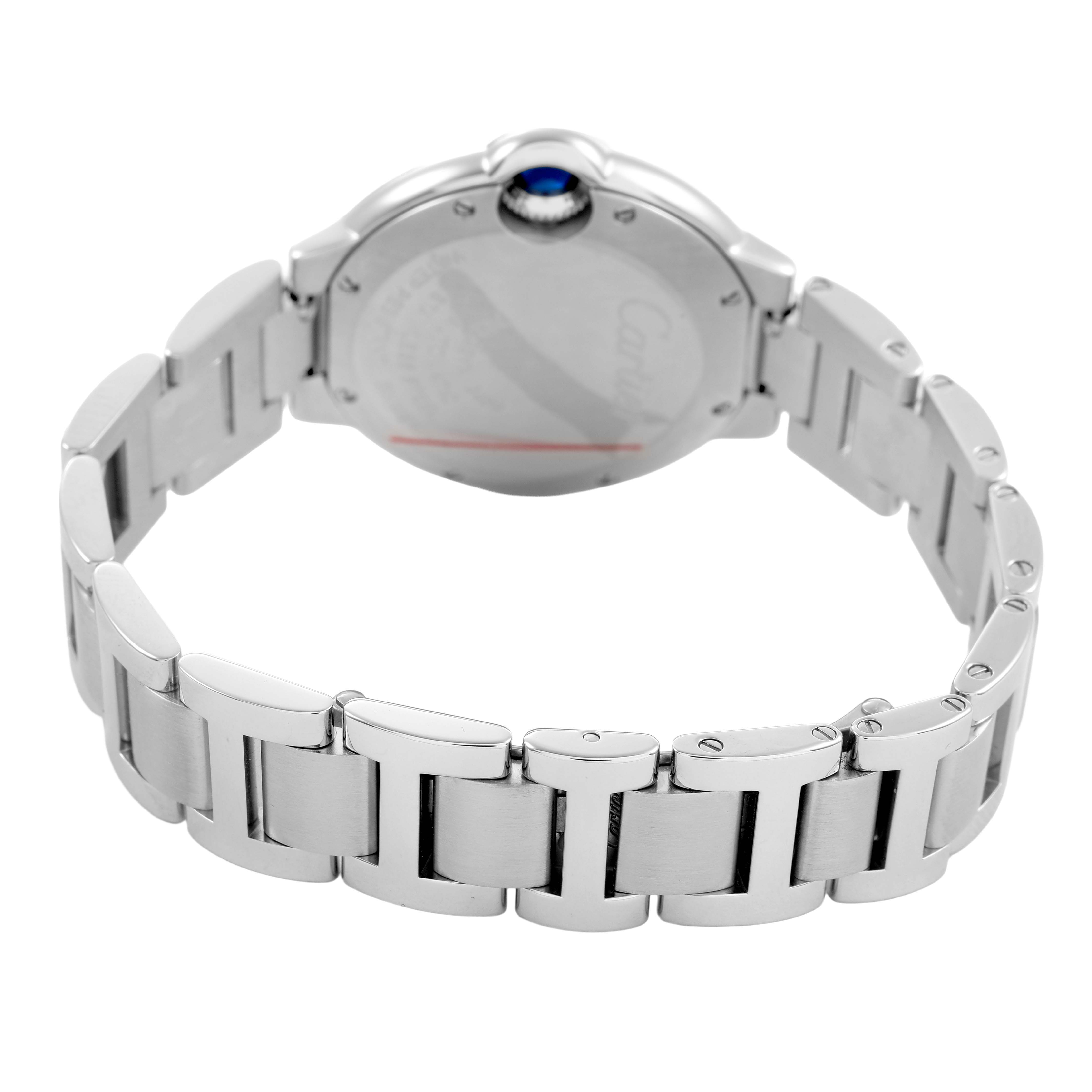 The image shows the back and bracelet of the Cartier Ballon Bleu W4BB0016 Women's Stainless Steel Silver Dial watch, highlighting the stainless steel links and case back.