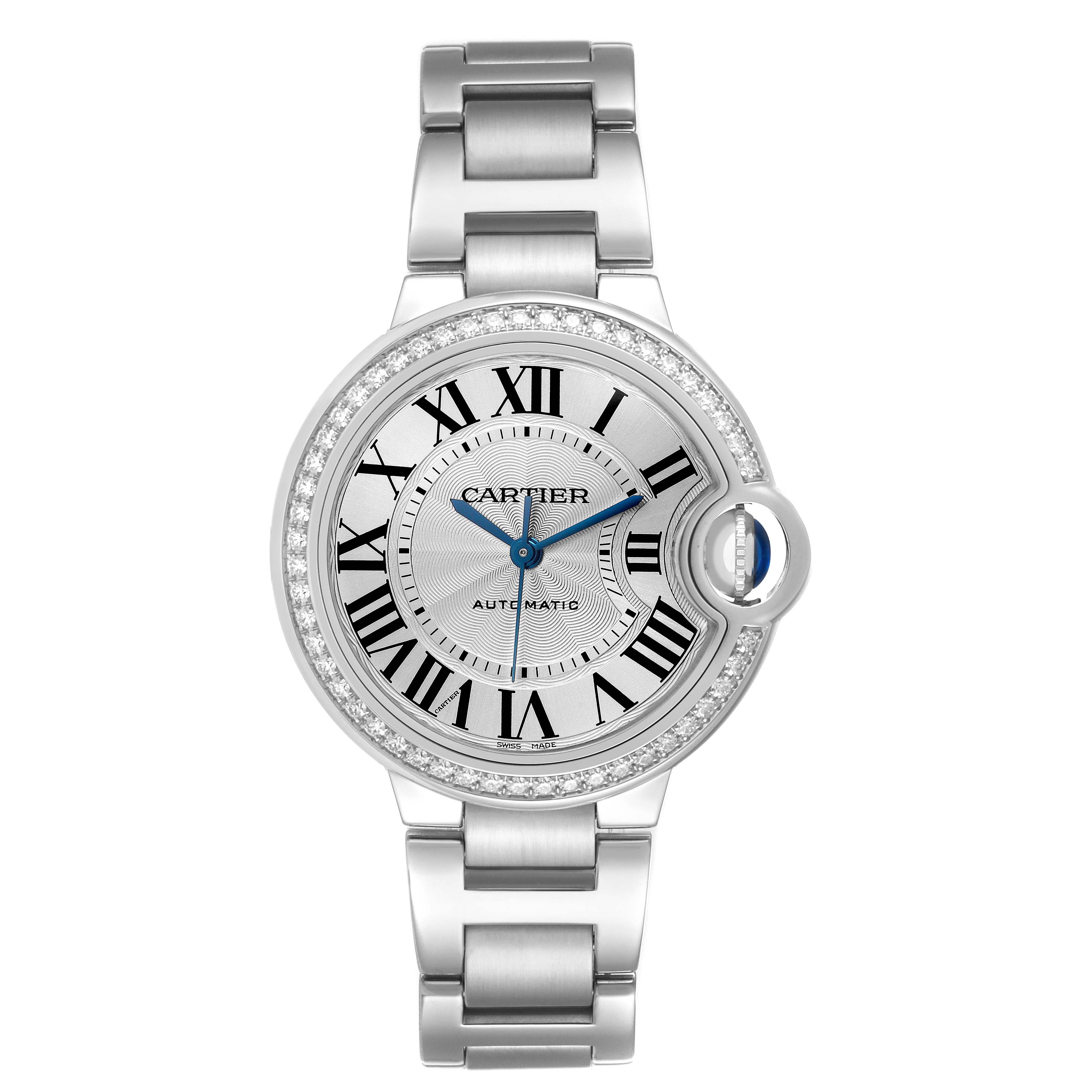 The Cartier Ballon Bleu W4BB0016 Women's Stainless Steel Silver Dial watch is shown from the front, displaying its face, Roman numerals, blue hands, and metal bracelet.