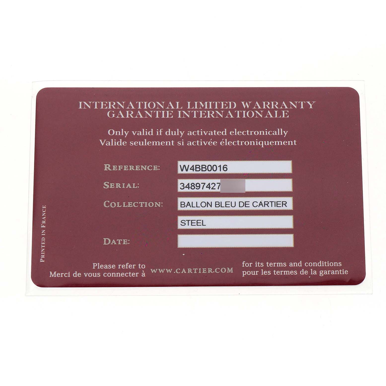 The image shows an International Limited Warranty card for the Ballon Bleu de Cartier watch, displaying reference and serial numbers.