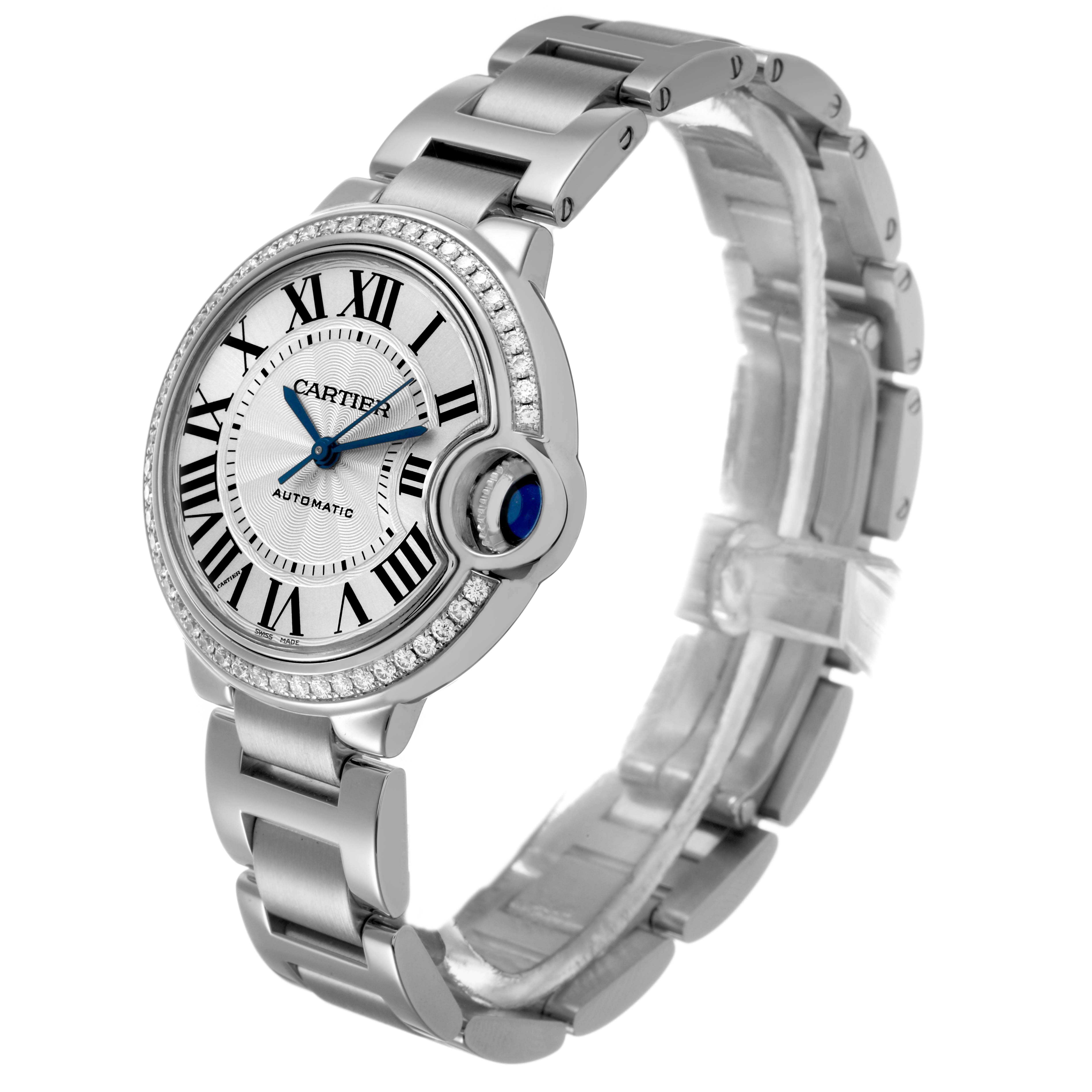 The Cartier Ballon Bleu W4BB0016 Women's Stainless Steel Silver Dial watch is shown at a three-quarter angle, displaying its face, crown, and bracelet.