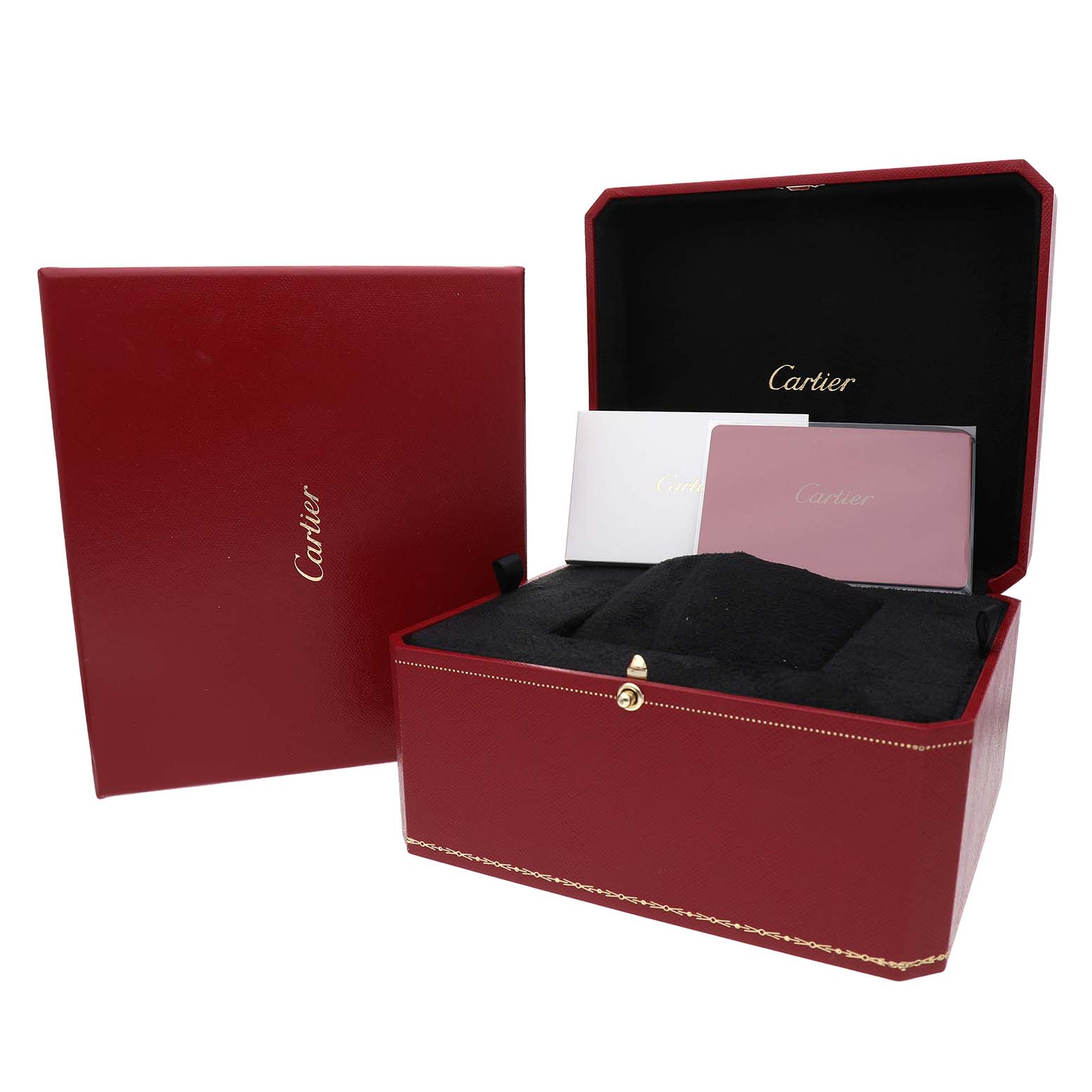 The image shows a Cartier Ballon Bleu W4BB0016 Women's Stainless Steel Silver Dial watch box, packaging, and documents, viewed from a front angle with the lid open.
