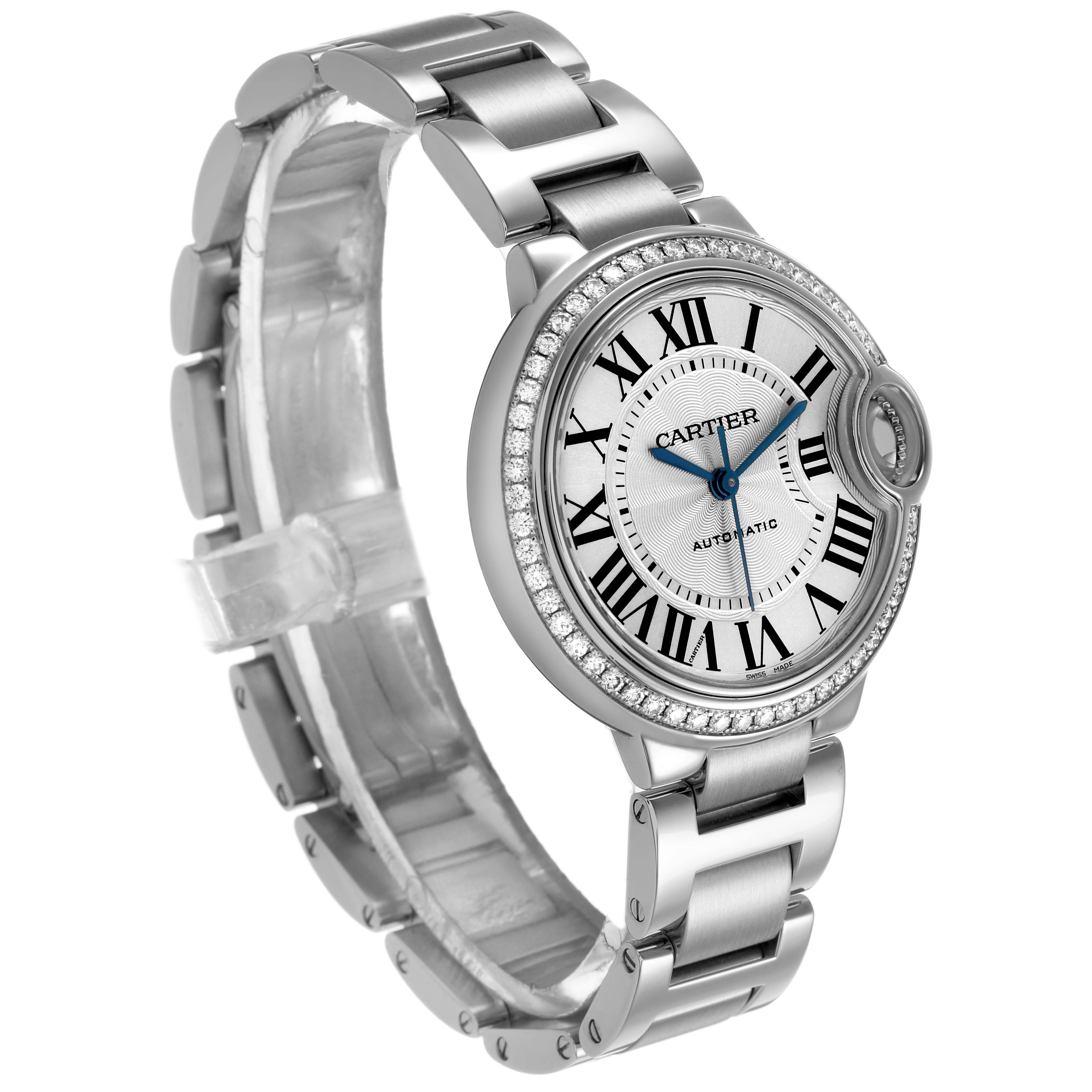 The Cartier Ballon Bleu W4BB0016 Women's Stainless Steel Silver Dial watch is shown at a three-quarter angle, highlighting its face, bracelet, and diamond bezel.