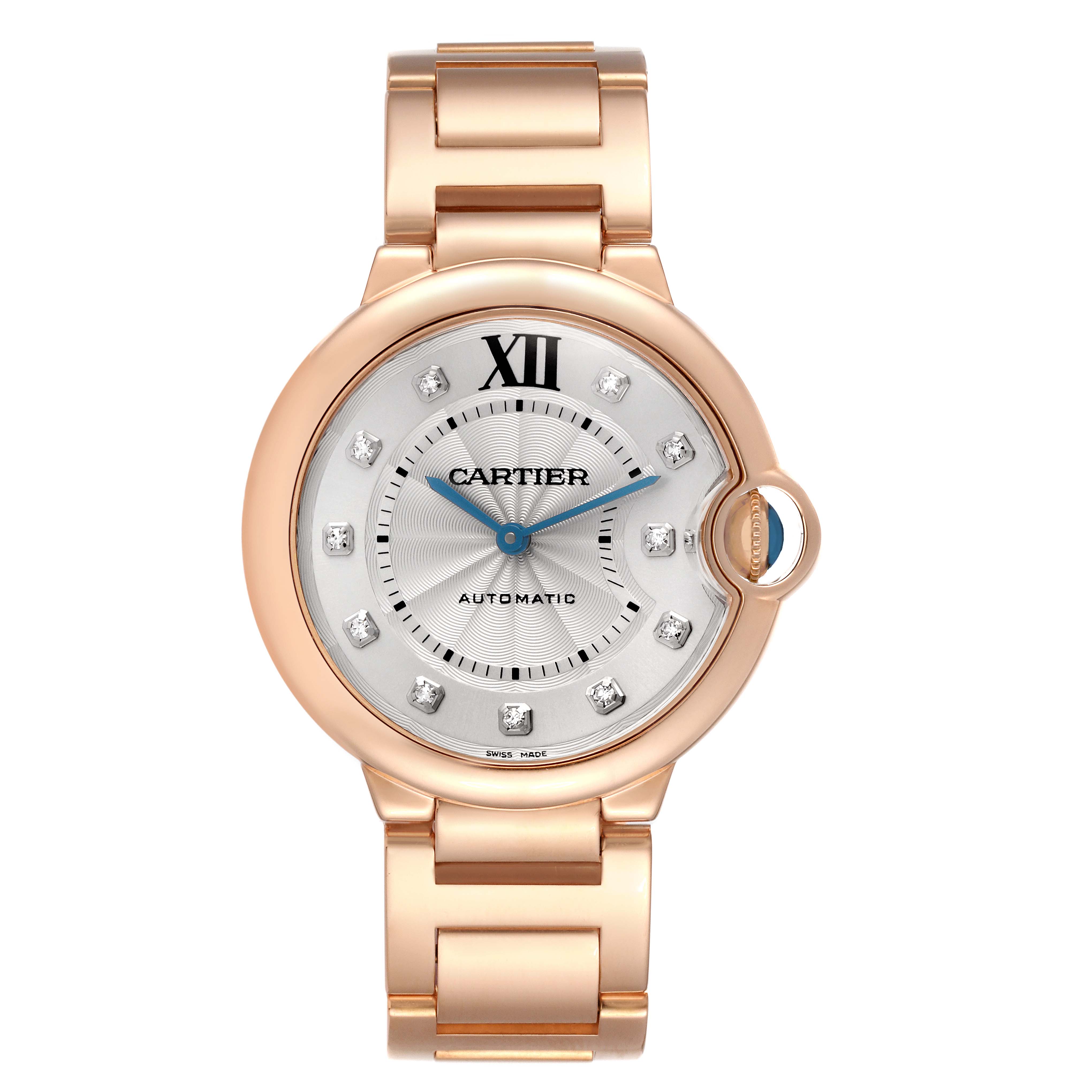 The Cartier Ballon Bleu WE902026 Women
s Rose Gold Silver Dial watch is shown from the front, displaying the dial, hands, bracelet, and signature blue sapphire crown.