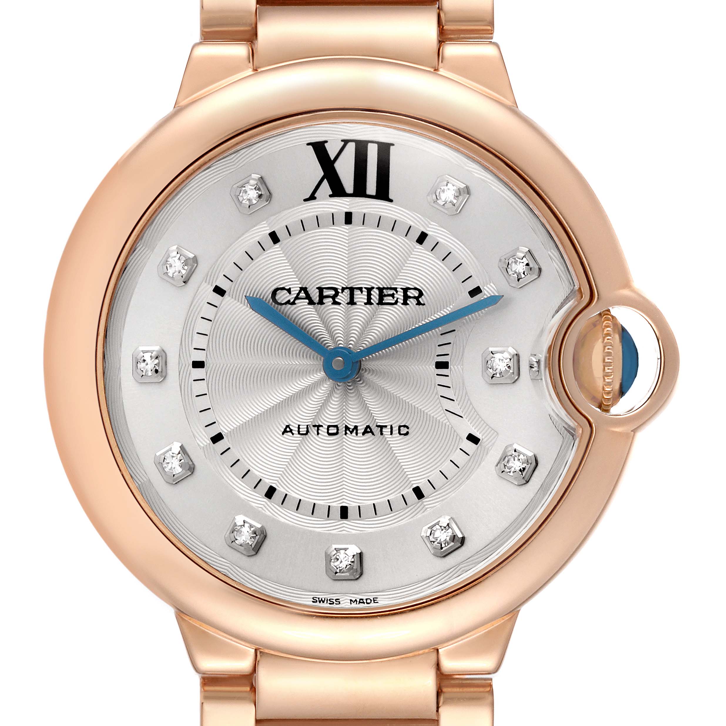 The Cartier Ballon Bleu WE902026 Women
s Rose Gold Silver Dial watch is shown from the front, highlighting the dial, hands, crown, and part of the bracelet.
