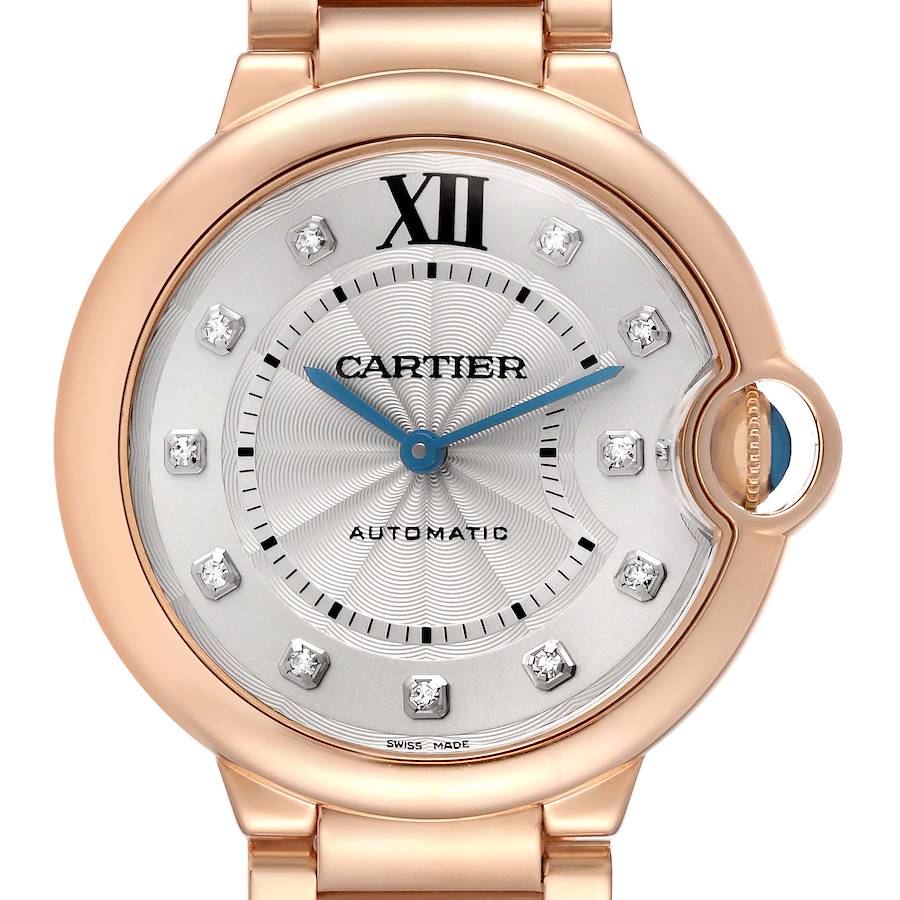 The Cartier Ballon Bleu model WE902026 men
s watch is shown from a frontal angle, highlighting the dial, bezel, and part of the bracelet.