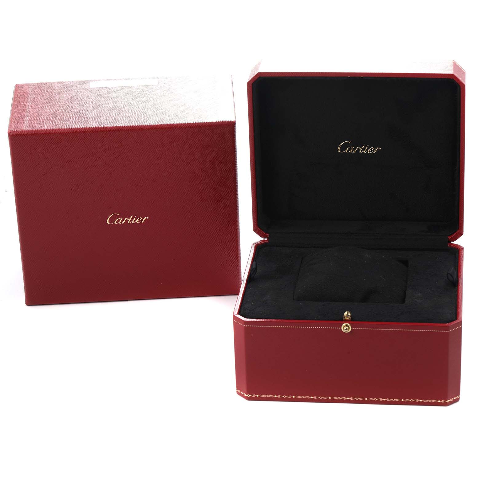 The image shows an open Cartier Ballon Bleu WE902026 Women
s Rose Gold Silver Dial watch box and its outer box, both in red with gold lettering.