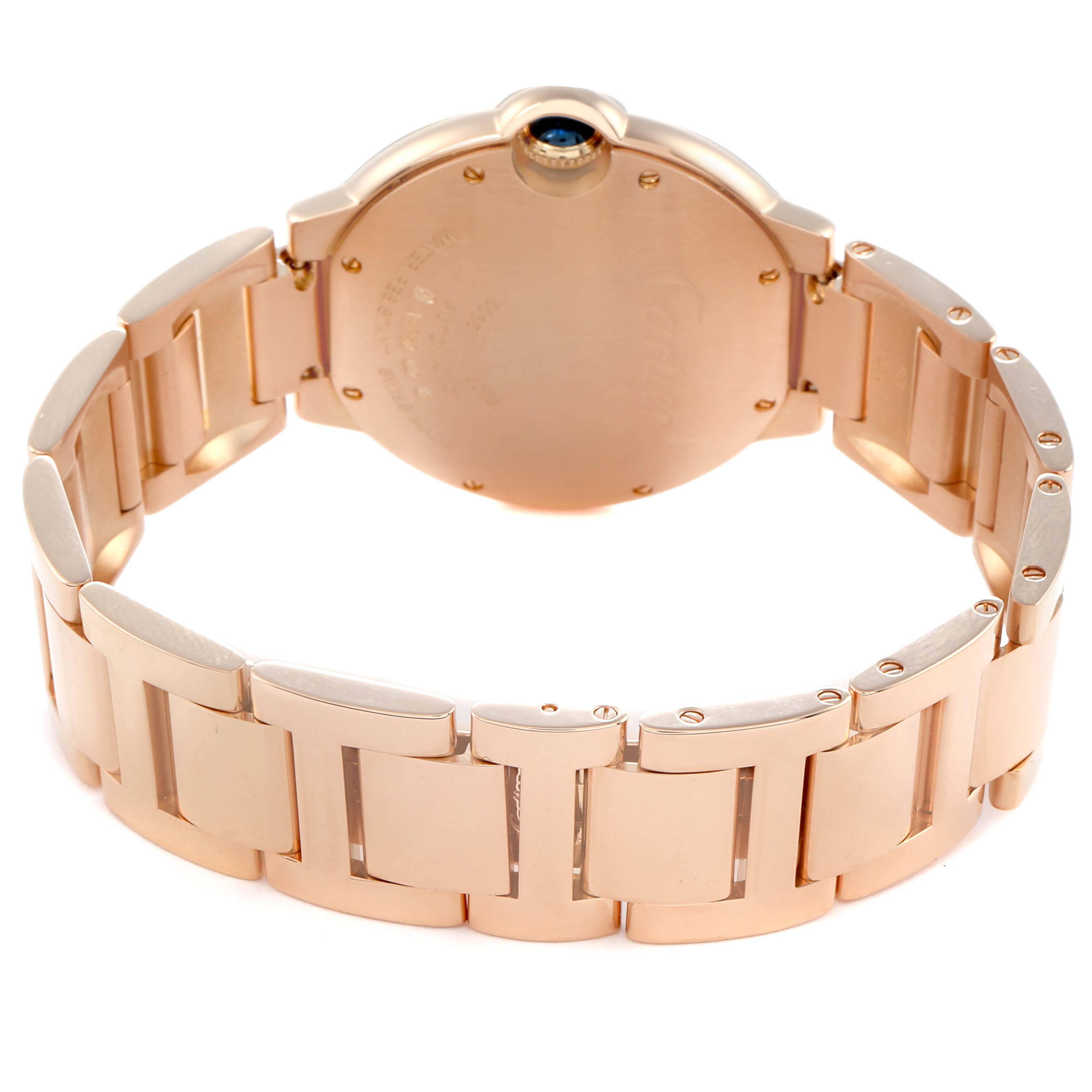 The image shows a rear view of the Cartier Ballon Bleu WE902026 Women
s Rose Gold Silver Dial watch, focusing on the case back and bracelet.