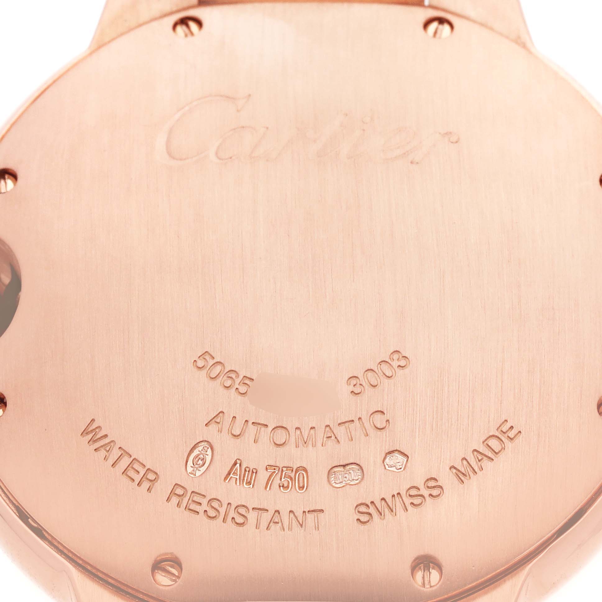 The image shows the back case of the Cartier Ballon Bleu WE902026 Women
s Rose Gold Silver Dial model, highlighting engravings and hallmark details.