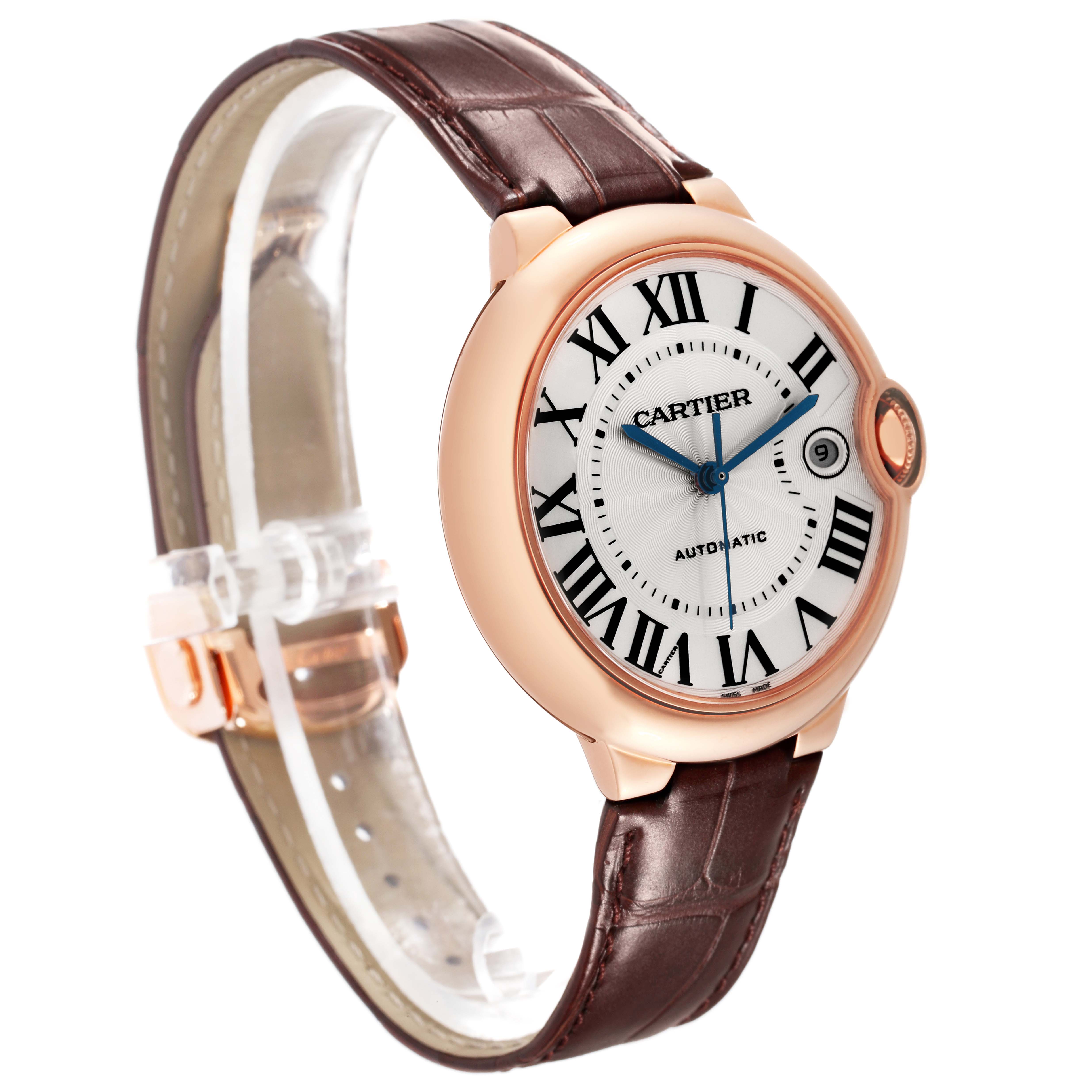 The Cartier Ballon Bleu WGBB0035 Men's Rose Gold Silver Dial WGBB0035 Men's Rose Gold Silver Dial watch is shown at a side angle, highlighting its face, strap, and crown.