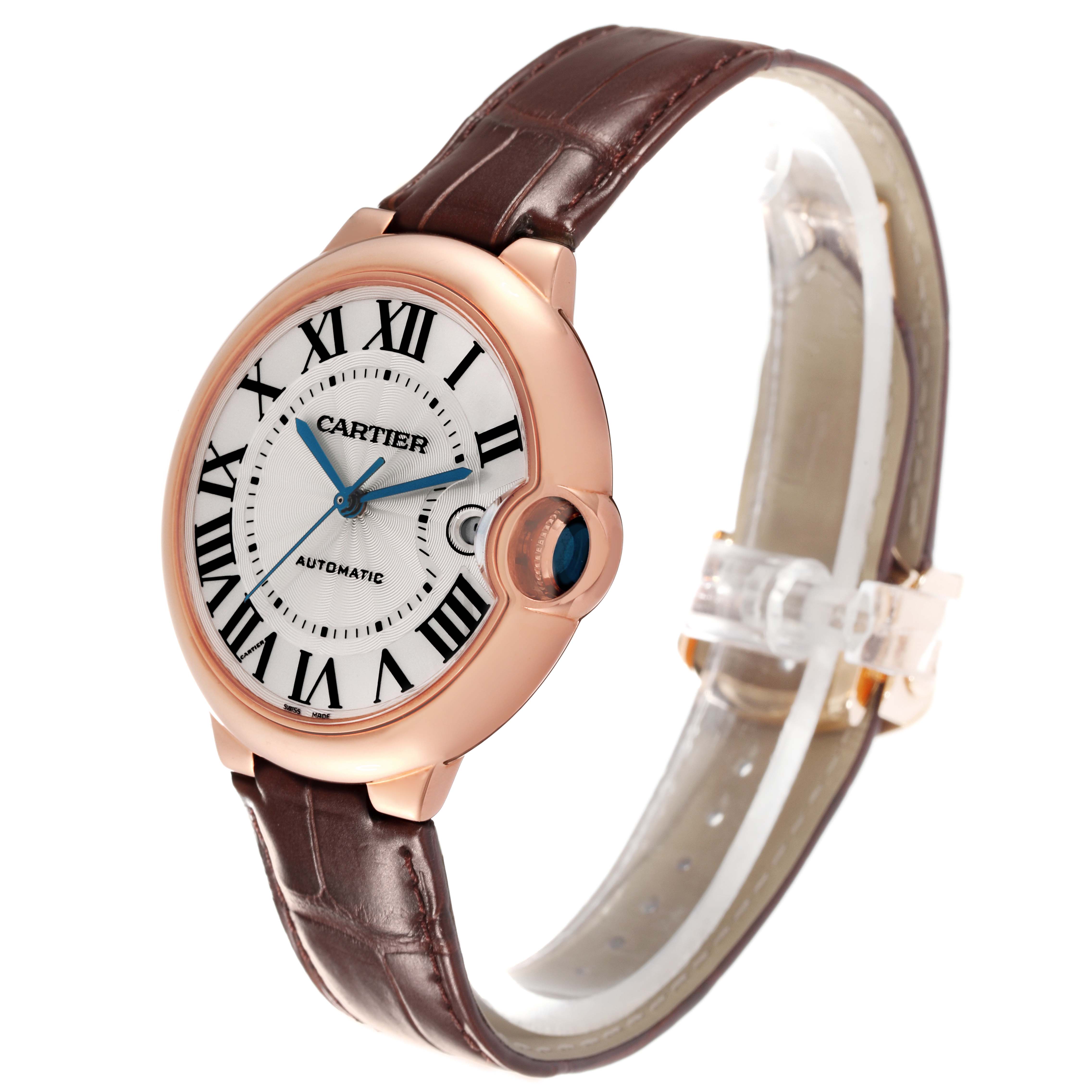 The image shows a front-side angle of the Cartier Ballon Bleu WGBB0035 Men's Rose Gold Silver Dial WGBB0035 Men's Rose Gold Silver Dial watch, highlighting its face, leather strap, and crown.