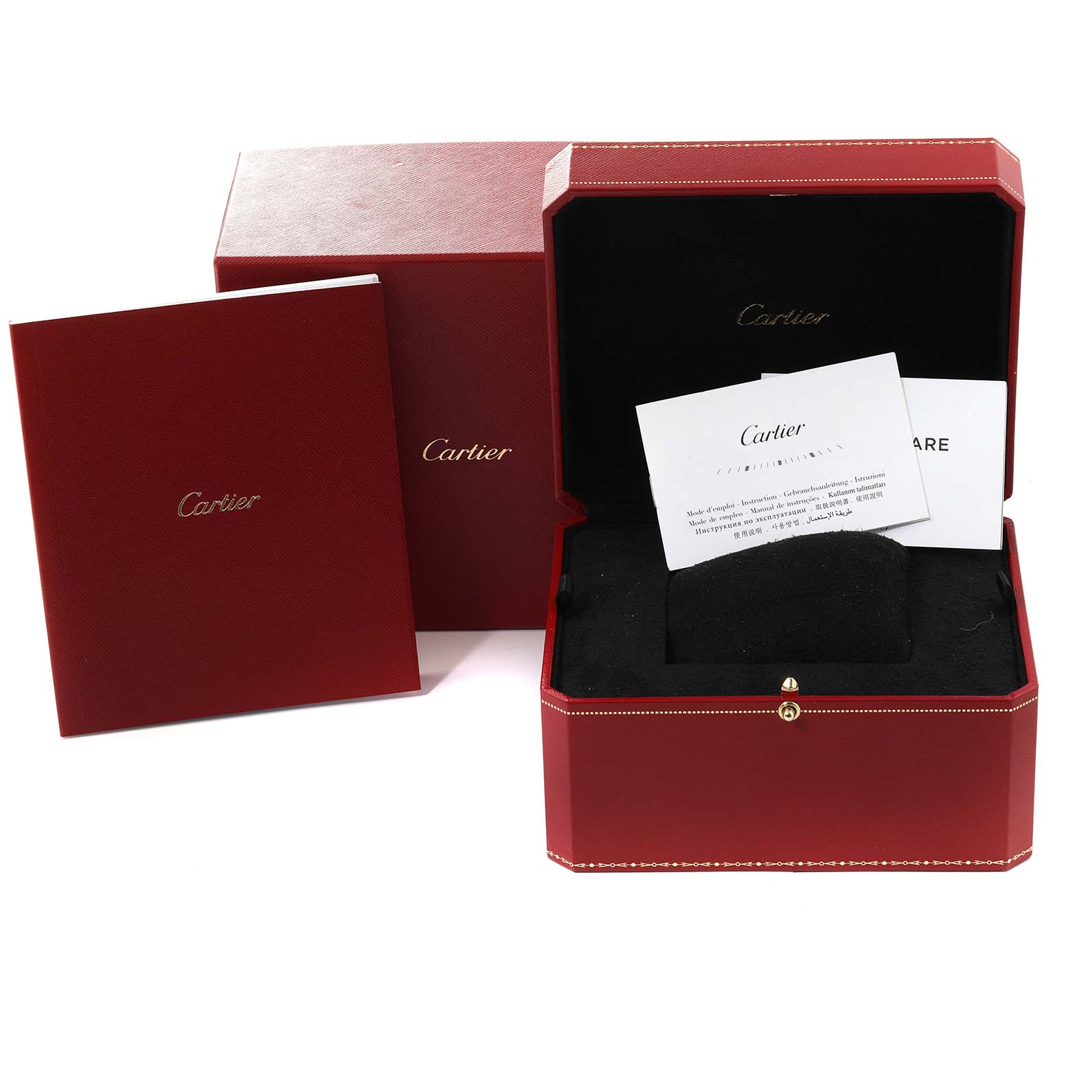 This image shows the packaging and accessories for a Cartier Ballon Bleu WGBB0035 Men's Rose Gold Silver Dial WGBB0035 Men's Rose Gold Silver Dial watch, including a red box, booklet, and warranty card.