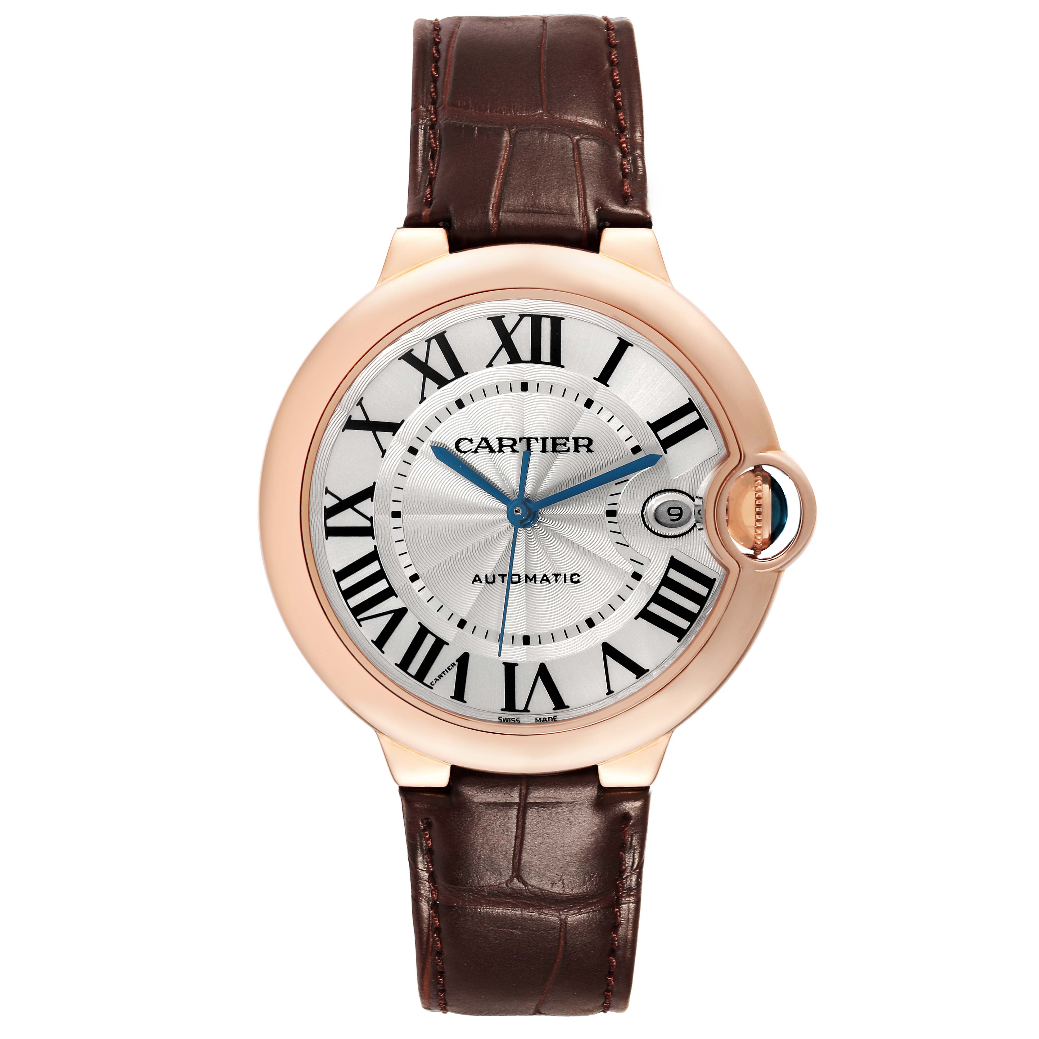 The image shows a front view of a Cartier Ballon Bleu WGBB0035 Men's Rose Gold Silver Dial WGBB0035 Men's Rose Gold Silver Dial watch with a leather strap, Roman numerals, and a date window at 3 o'clock.