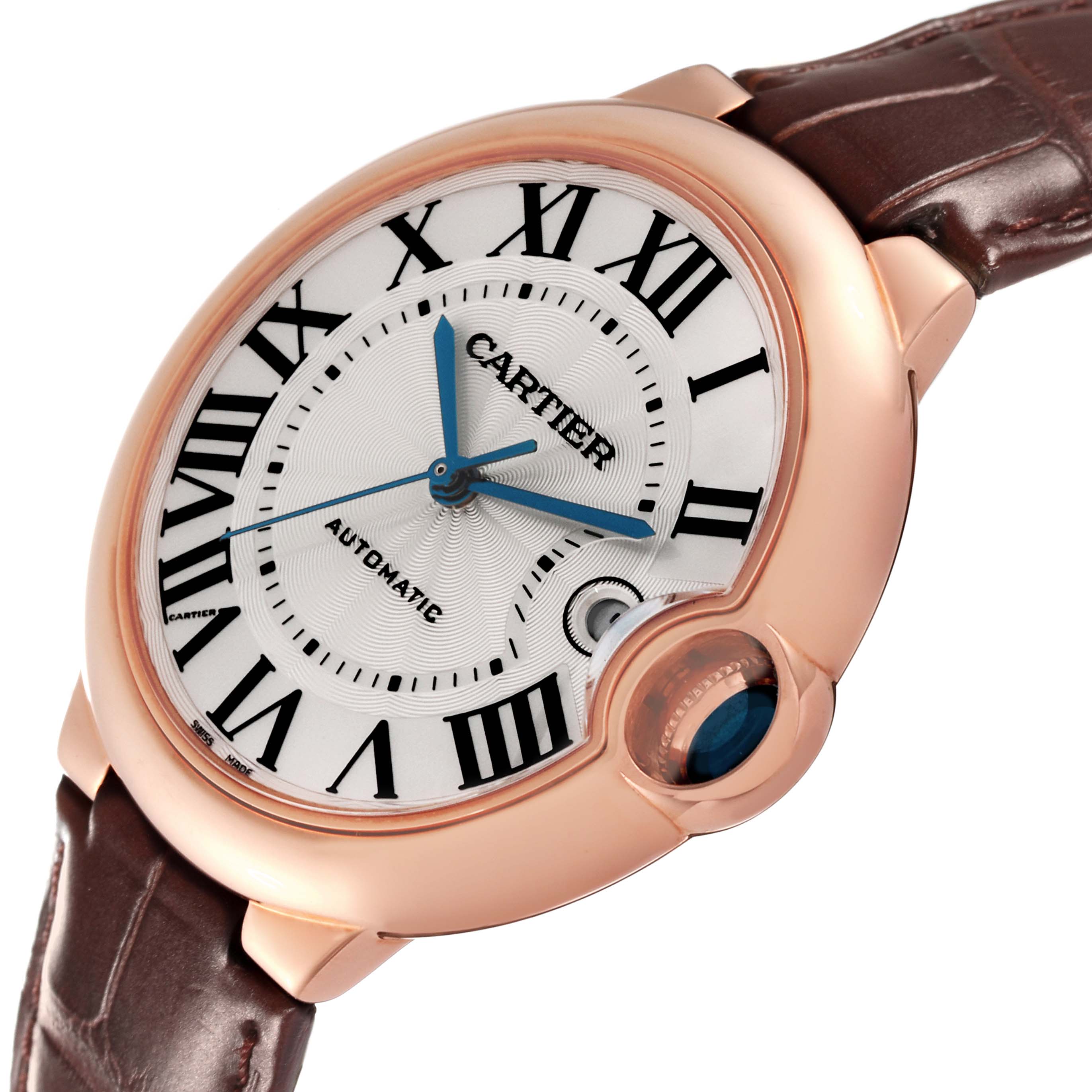 The image shows a close-up of the Cartier Ballon Bleu WGBB0035 Men's Rose Gold Silver Dial WGBB0035 Men's Rose Gold Silver Dial model, highlighting the dial, Roman numerals, and part of the leather strap.